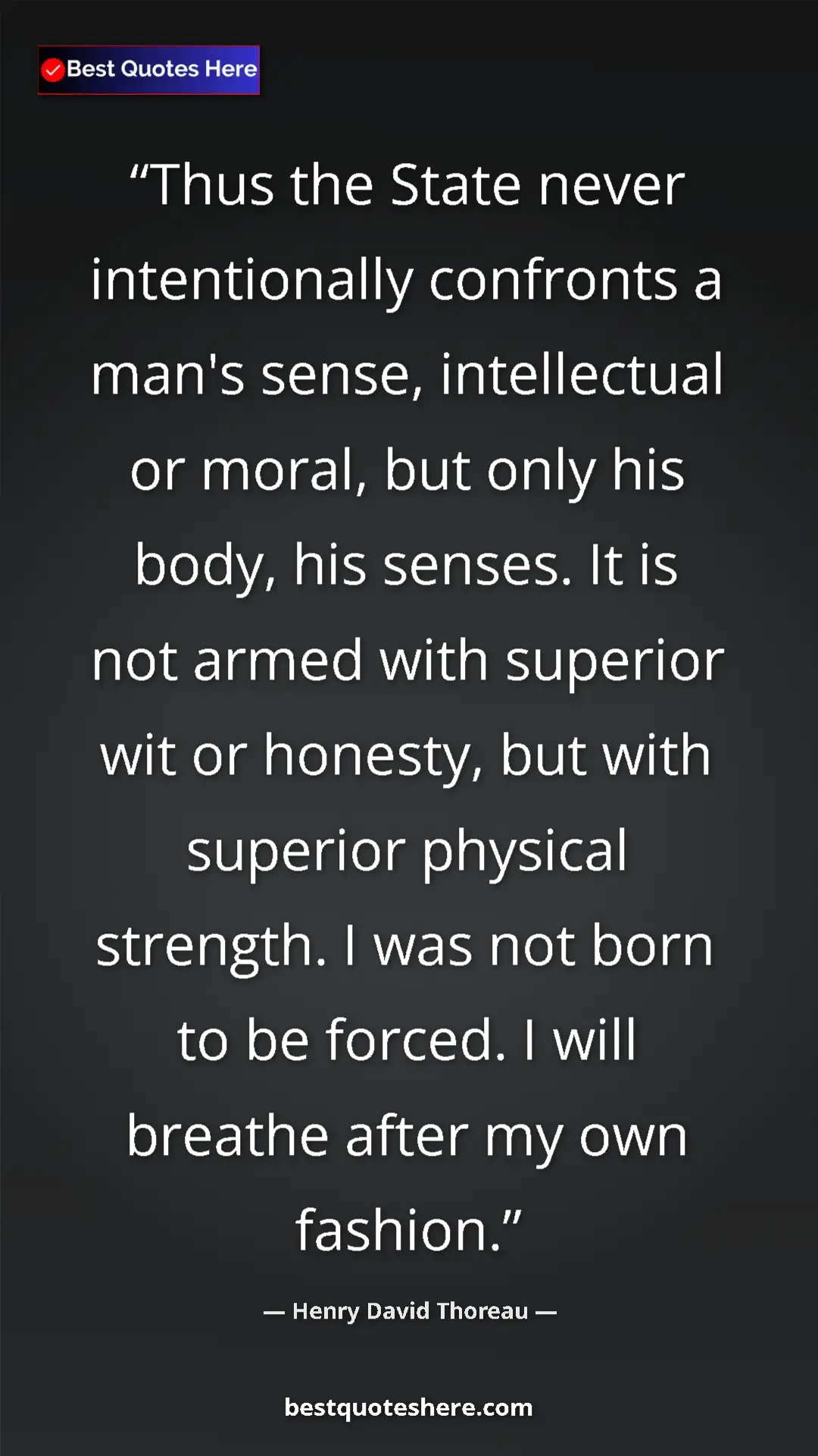 Henry David Thoreau Quote Card: "Thus the State never intentionally confronts a man's sense,..." Pinterest quote poster by Henry David Thoreau: "Thus the State never intentionally confronts a man's sense,..."