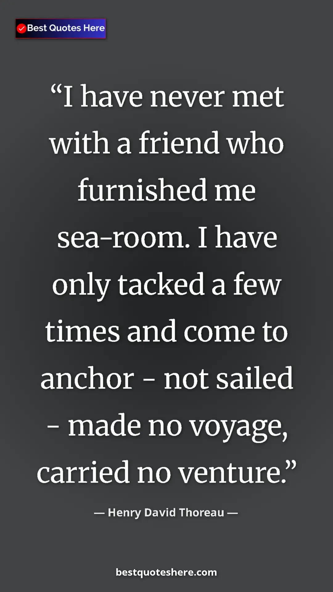 Henry David Thoreau Quote Card: "I have never met with a friend who furnished me sea-room. I..." Pinterest quote poster by Henry David Thoreau: "I have never met with a friend who furnished me sea-room. I..."