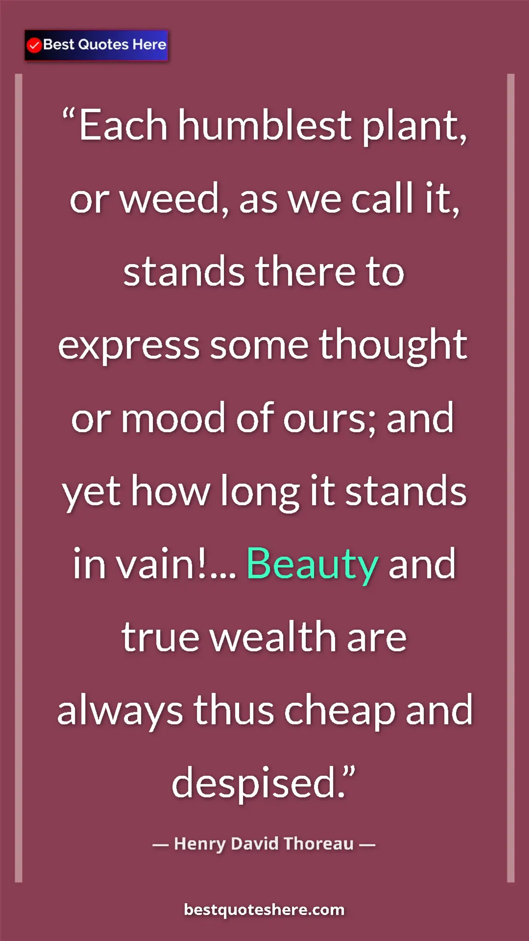 Henry David Thoreau Quote Card: "Each humblest plant, or weed, as we call it, stands there..." Pinterest quote poster by Henry David Thoreau: "Each humblest plant, or weed, as we call it, stands there..."