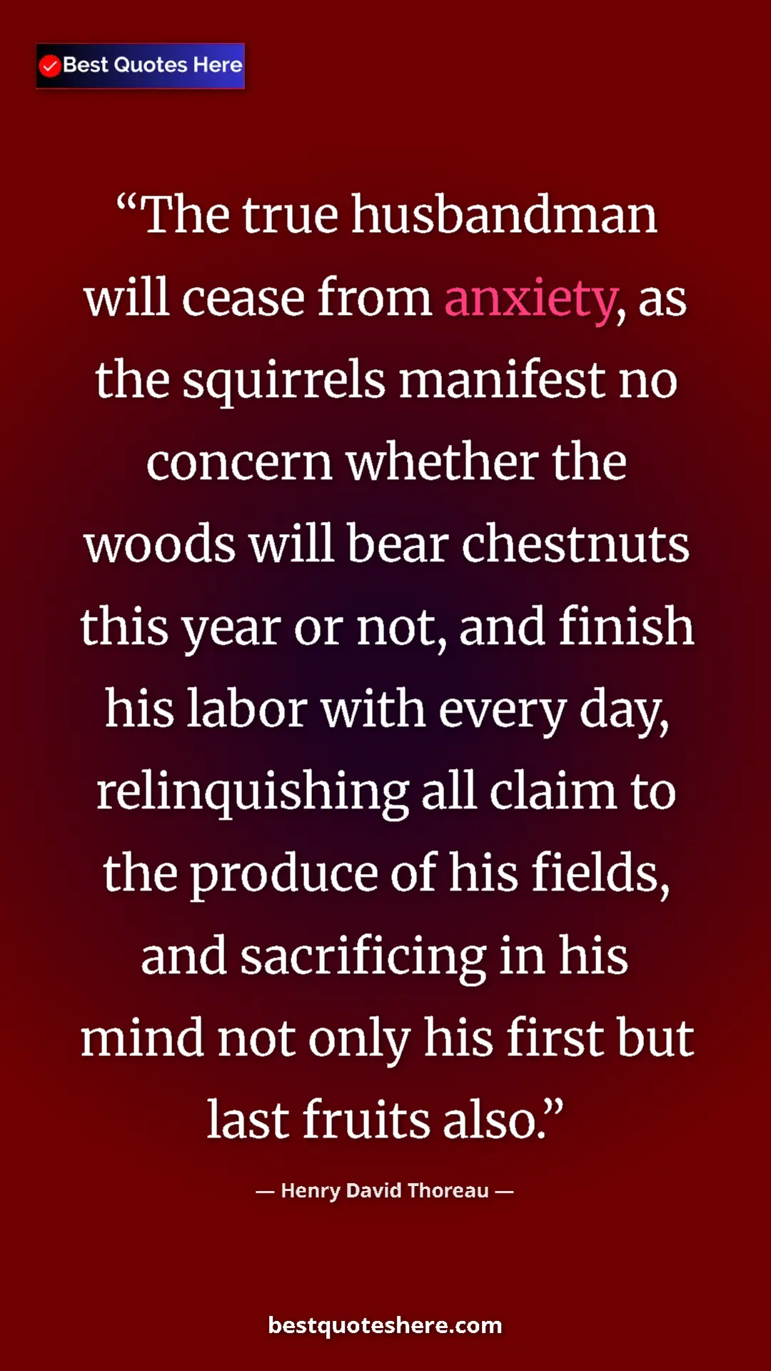Henry David Thoreau Quote Card: "The true husbandman will cease from anxiety, as the..." Pinterest quote poster by Henry David Thoreau: "The true husbandman will cease from anxiety, as the..."