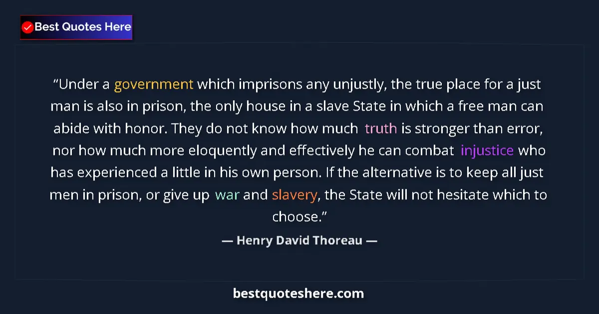 Image for the quote by Henry David Thoreau: Under a government which imprisons any unjustly, the true place for a just man is also in prison, th...