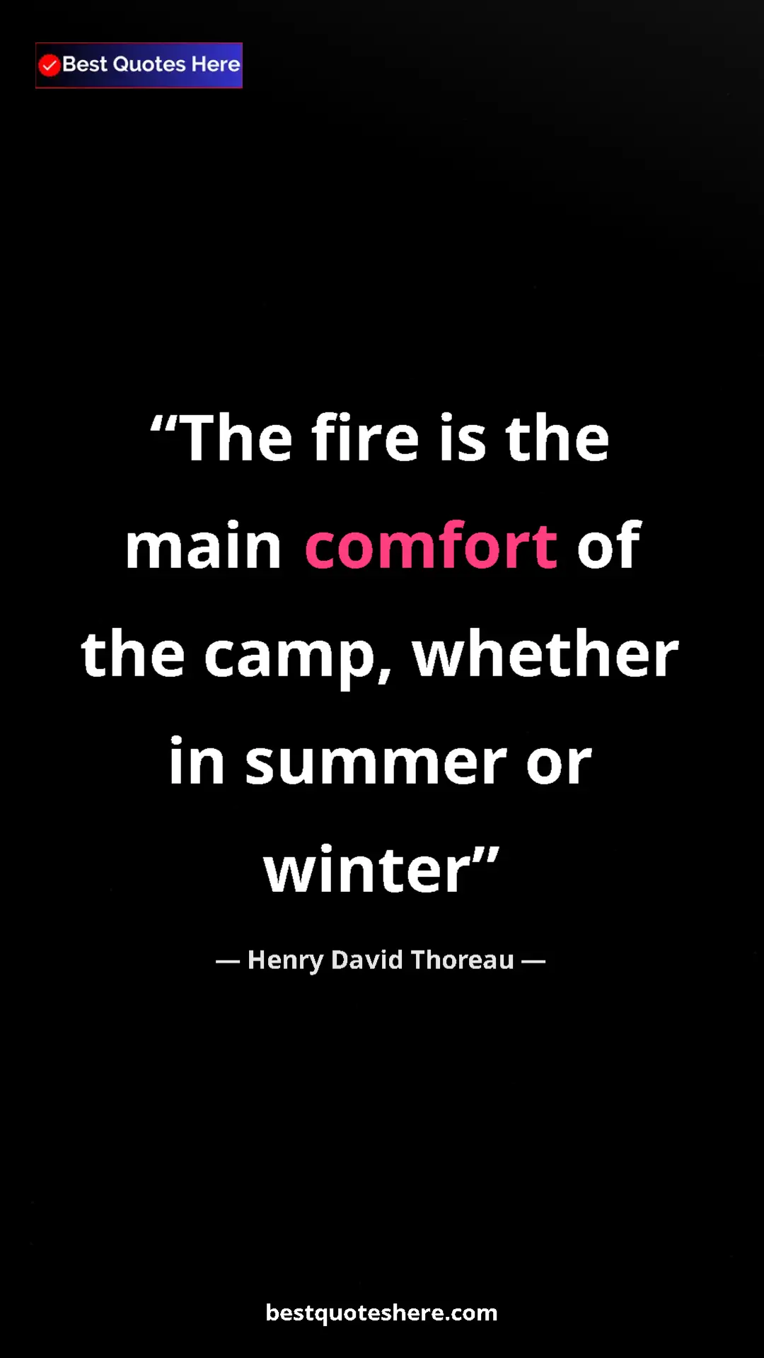 Pinterest quote poster by Henry David Thoreau: "The fire is the main comfort of the camp, whether in summer..."