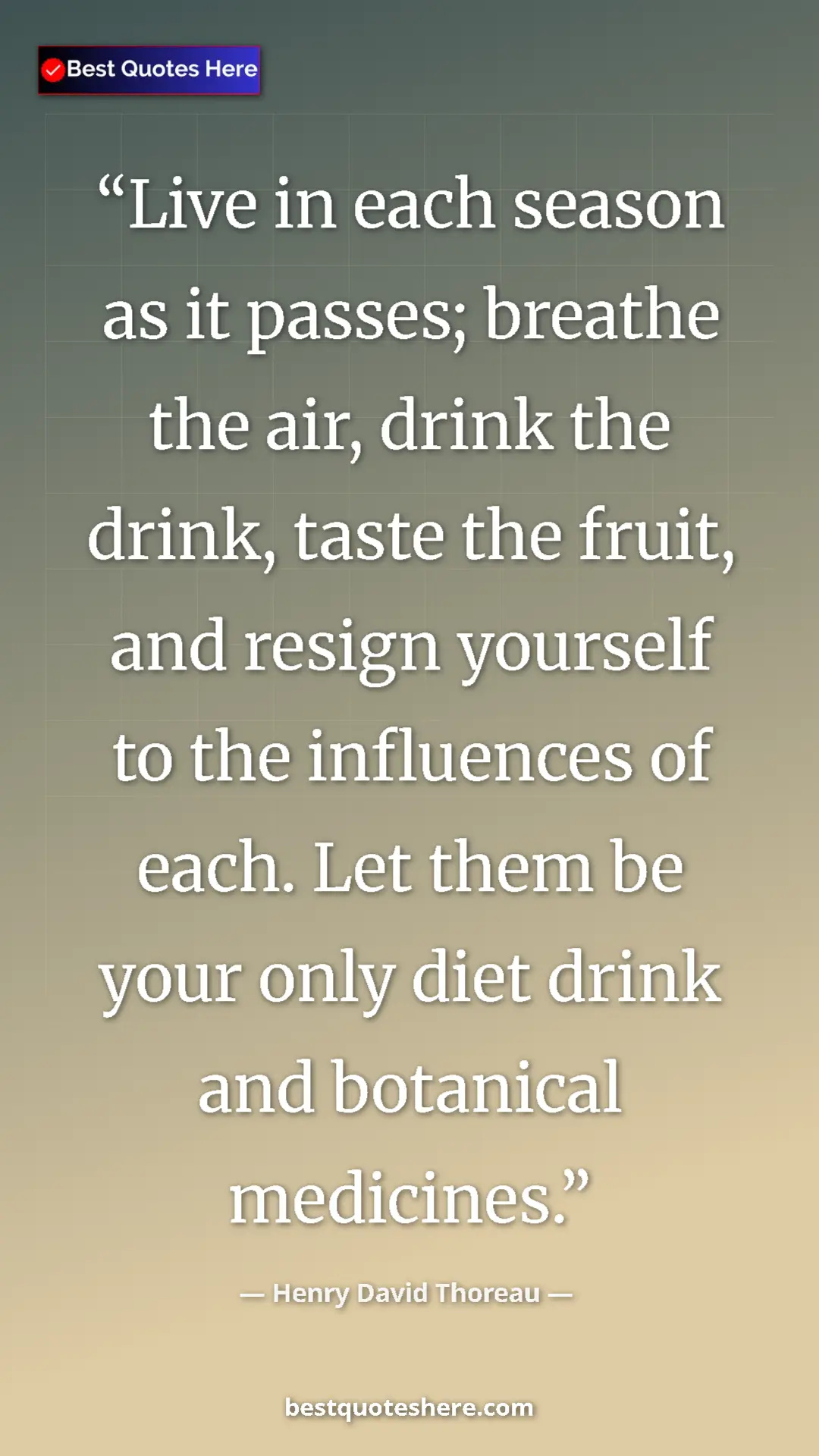 Henry David Thoreau Quote Card: "Live in each season as it passes; breathe the air, drink..." Pinterest quote poster by Henry David Thoreau: "Live in each season as it passes; breathe the air, drink..."