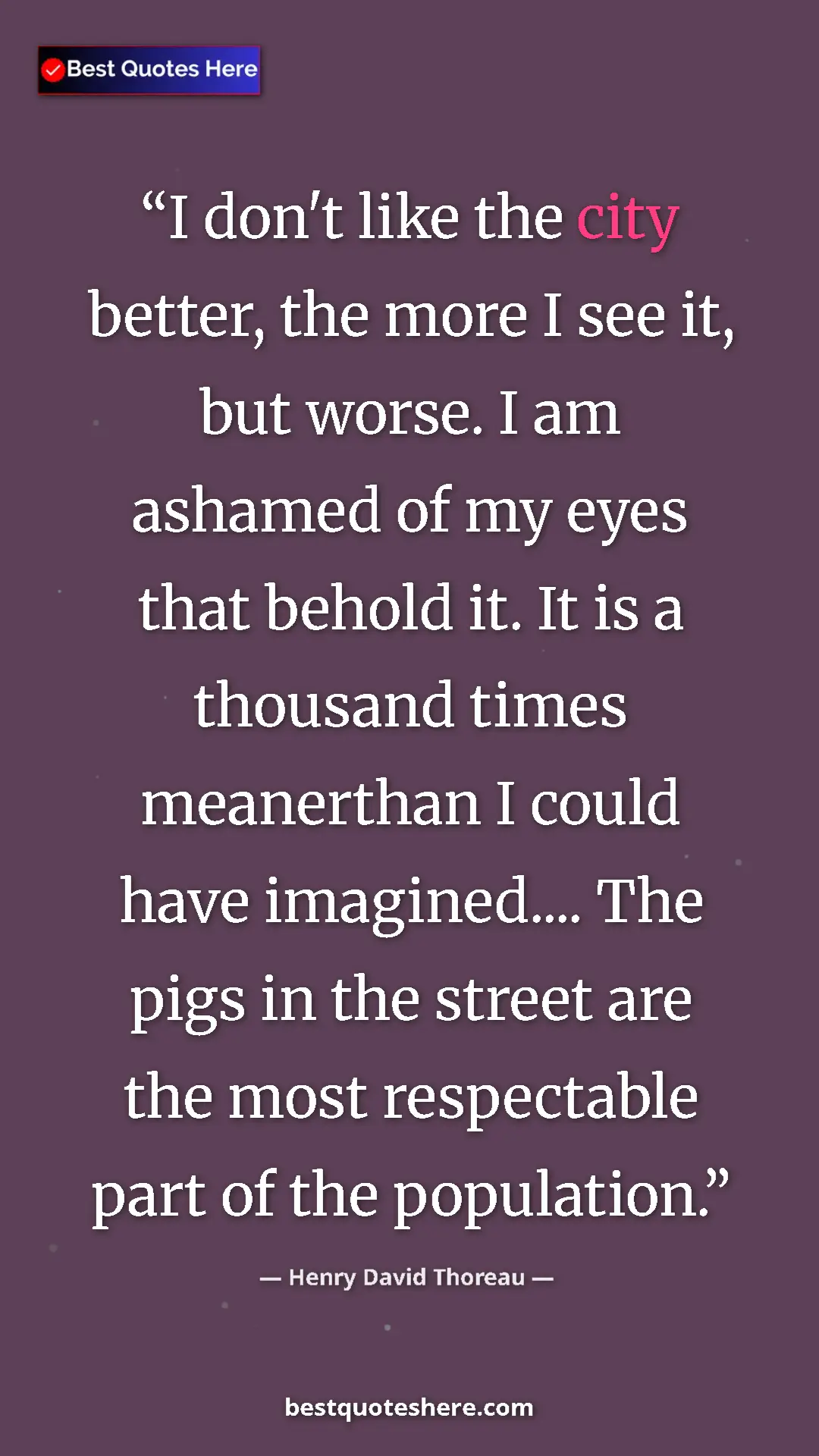 Pinterest quote poster by Henry David Thoreau: "I don't like the city better, the more I see it, but worse...."