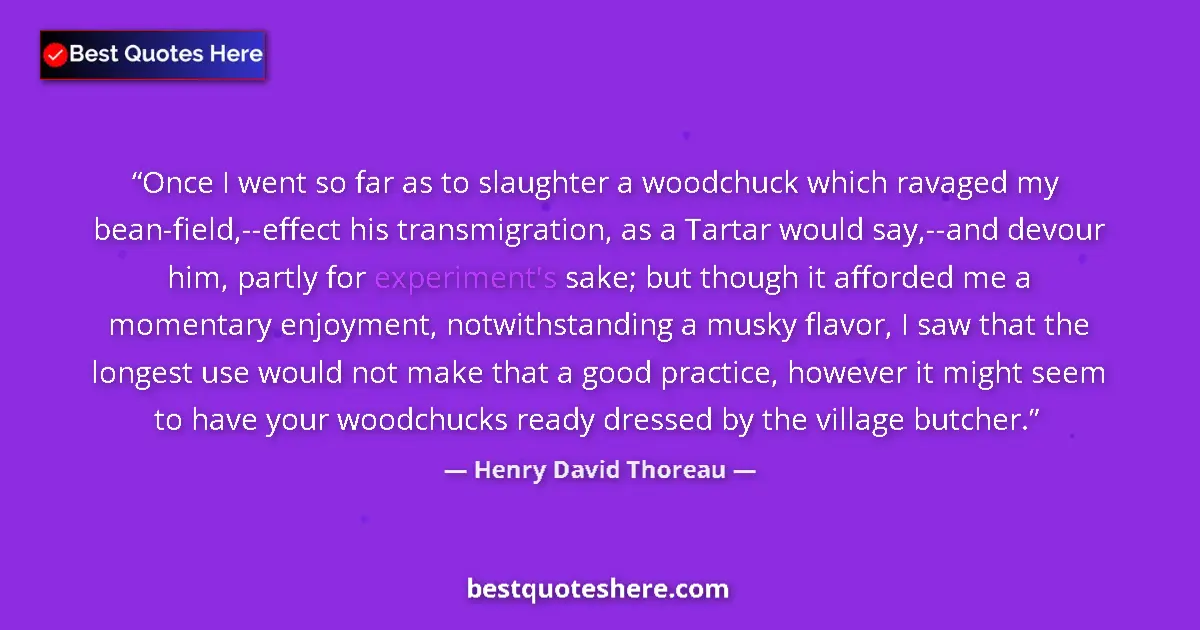 Quote by Henry David Thoreau: Once I went so far as to slaughter a woodchuck which ravaged my bean-field,--effect his transmigrati...