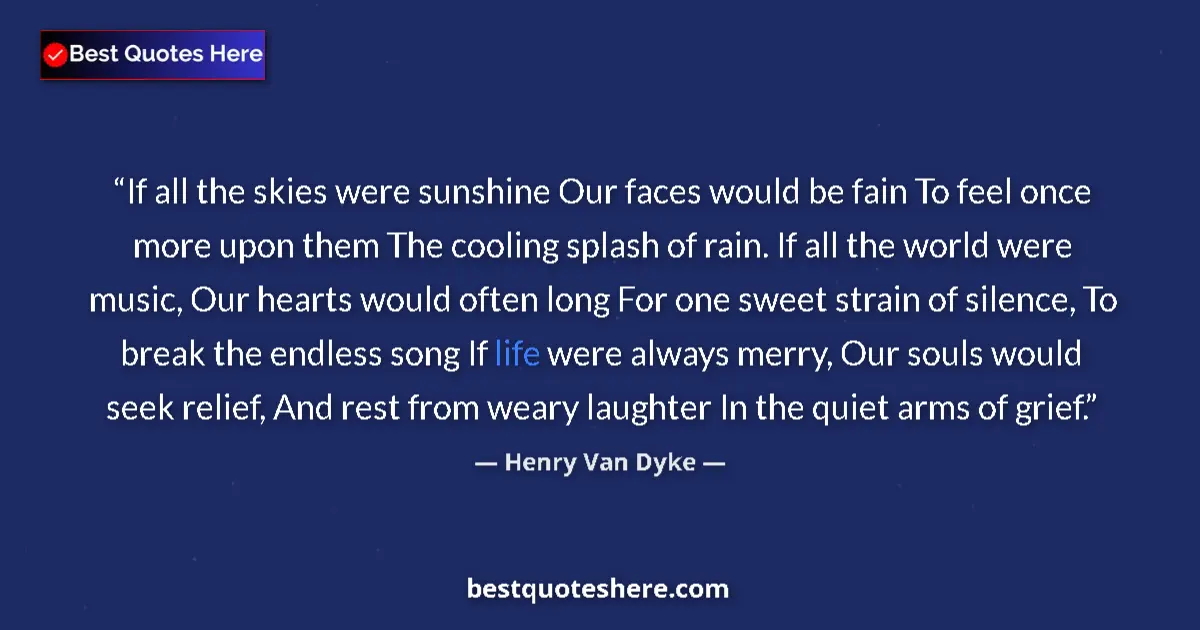 Quote by Henry Van Dyke: If all the skies were sunshine Our faces would be fain To feel once more upon them The cooling splas...