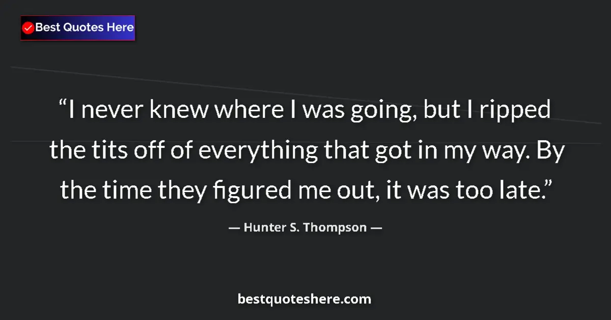 Quote by Hunter S. Thompson: I never knew where I was going, but I ripped the tits off of everything that got in my way. By the t...