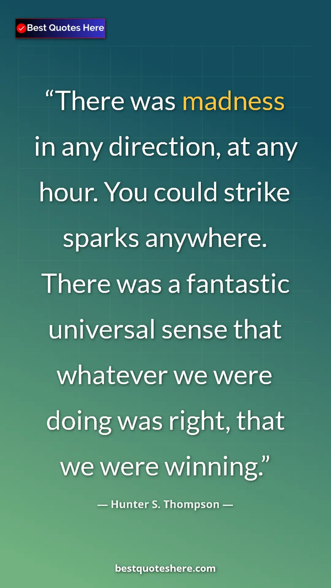 Pinterest quote poster by Hunter S. Thompson: "There was madness in any direction, at any hour. You could..."