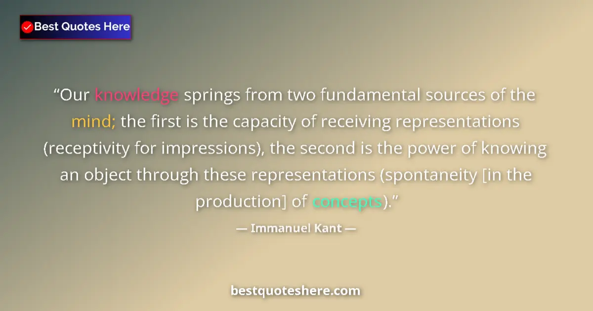 Quote by Immanuel Kant: Our knowledge springs from two fundamental sources of the mind; the first is the capacity of receivi...
