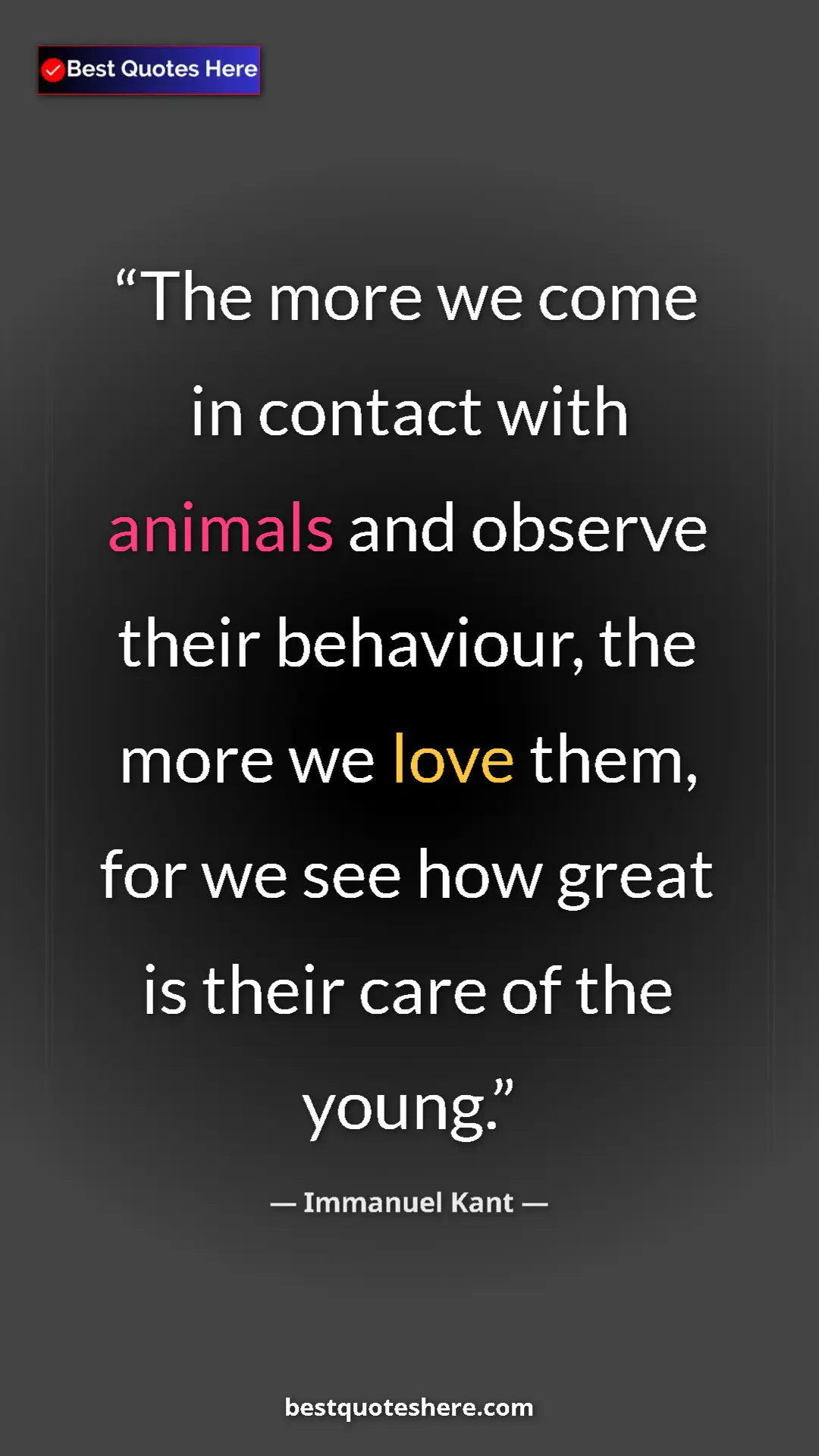 Immanuel Kant Quote Card: "The more we come in contact with animals and observe their..." Pinterest quote poster by Immanuel Kant: "The more we come in contact with animals and observe their..."