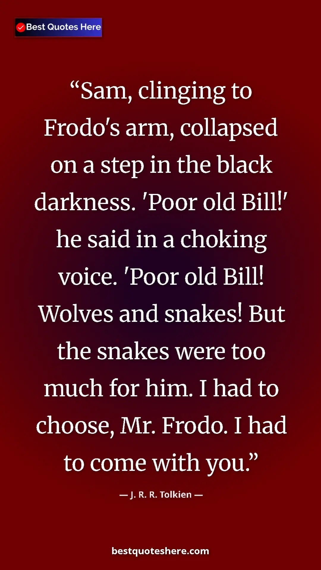 Pinterest quote poster by J. R. R. Tolkien: "Sam, clinging to Frodo's arm, collapsed on a step in the..."