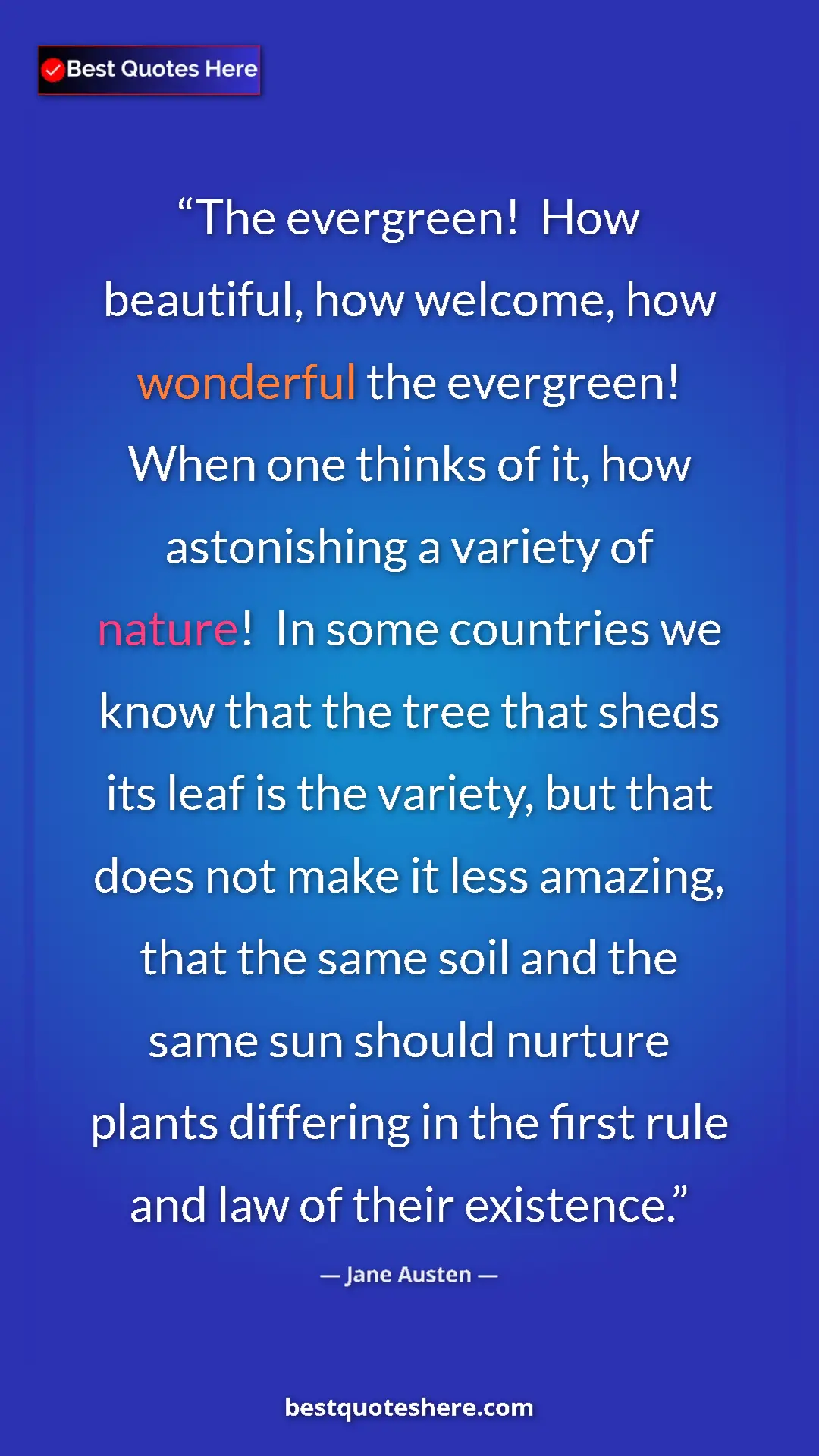 Jane Austen Quote Card: "The evergreen! How beautiful, how welcome, how wonderful..." Pinterest quote poster by Jane Austen: "The evergreen! How beautiful, how welcome, how wonderful..."