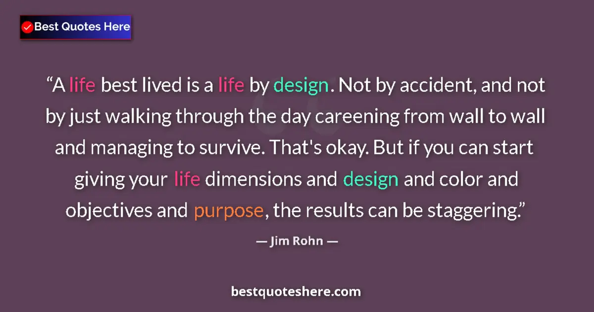Quote by Jim Rohn: A life best lived is a life by design. Not by accident, and not by just walking through the day care...