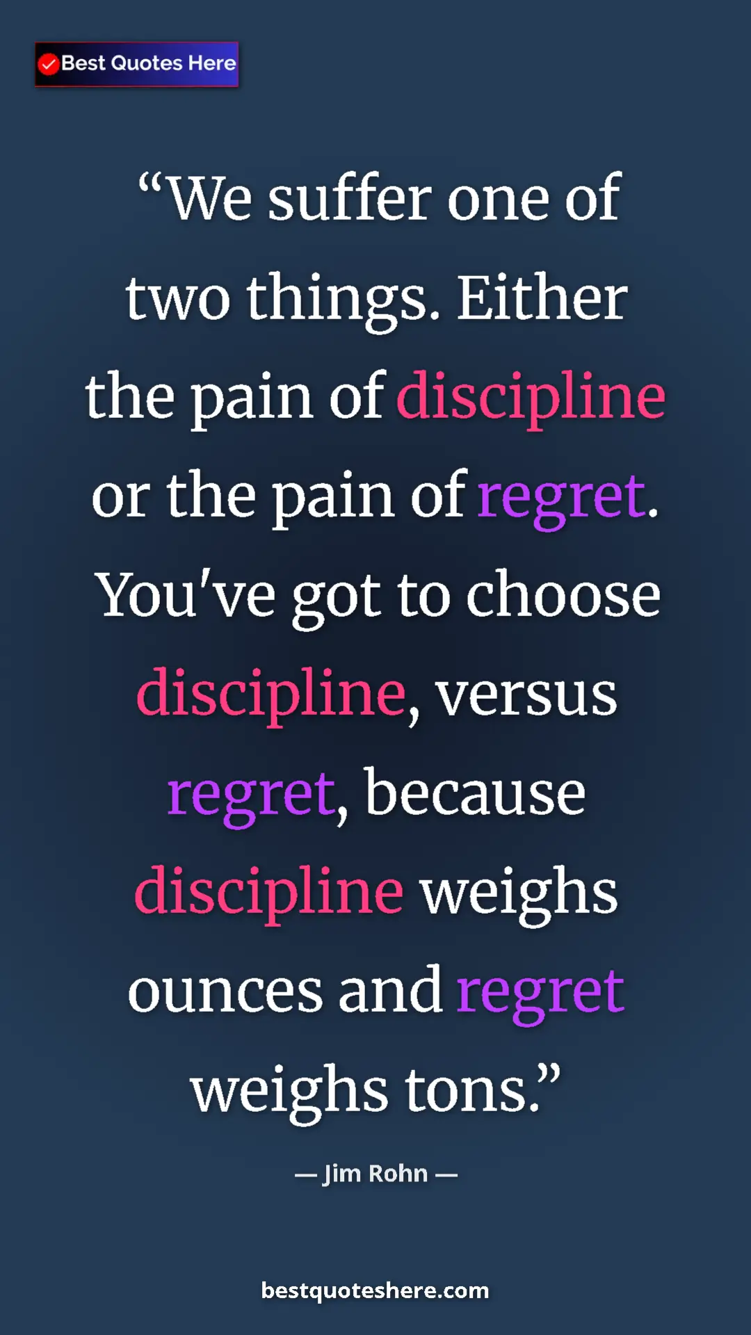 Pinterest quote poster by Jim Rohn: "We suffer one of two things. Either the pain of discipline..."