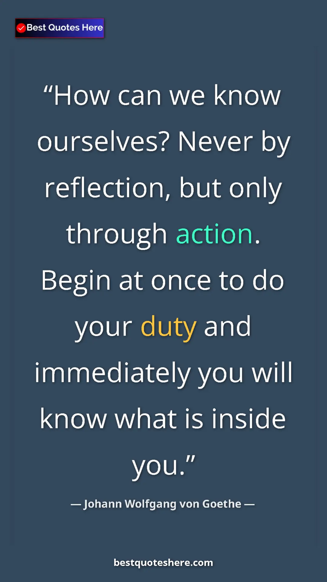 Pinterest quote poster by Johann Wolfgang von Goethe: "How can we know ourselves? Never by reflection, but only..."