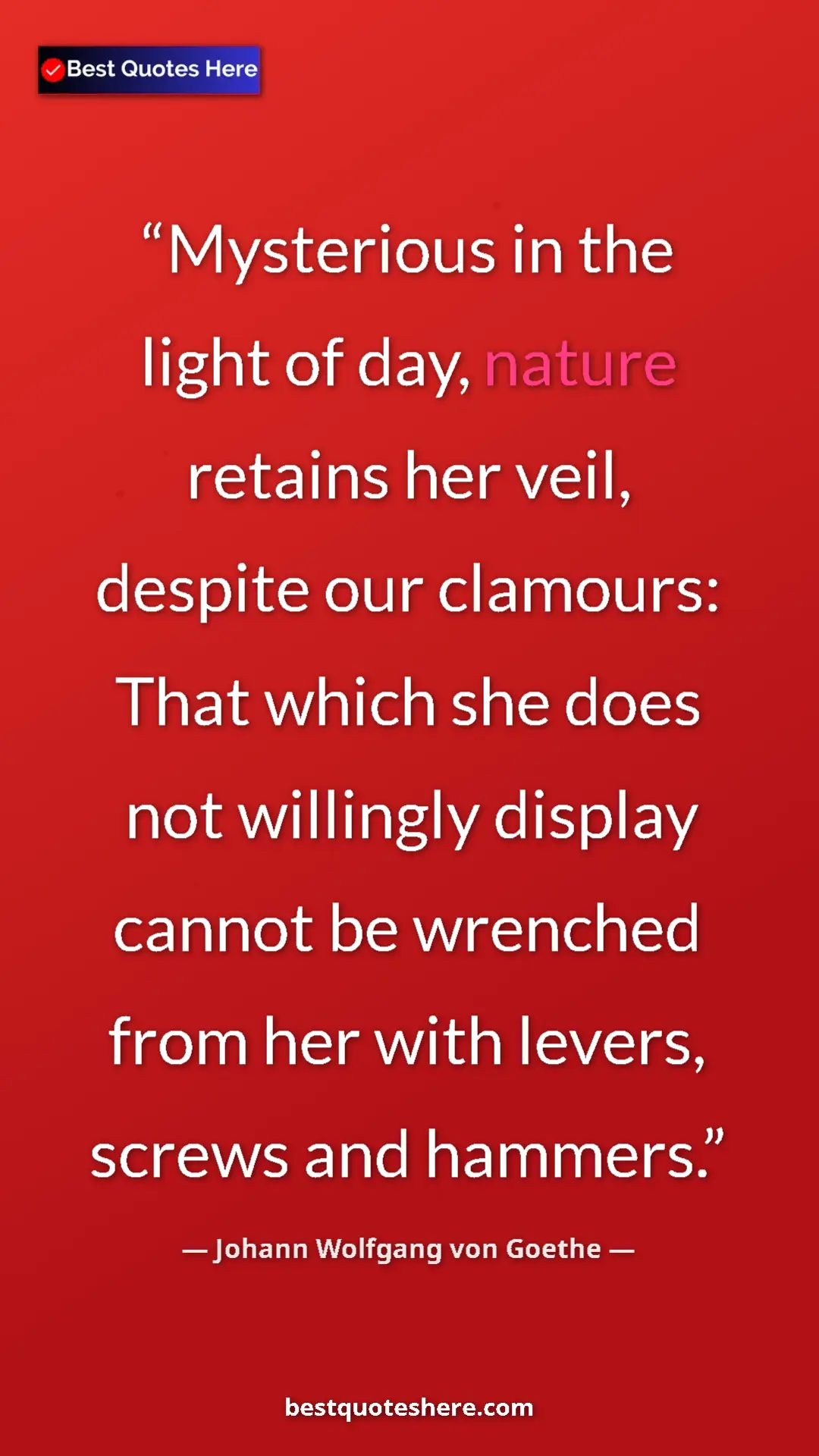 Pinterest quote poster by Johann Wolfgang von Goethe: "Mysterious in the light of day, nature retains her veil,..."