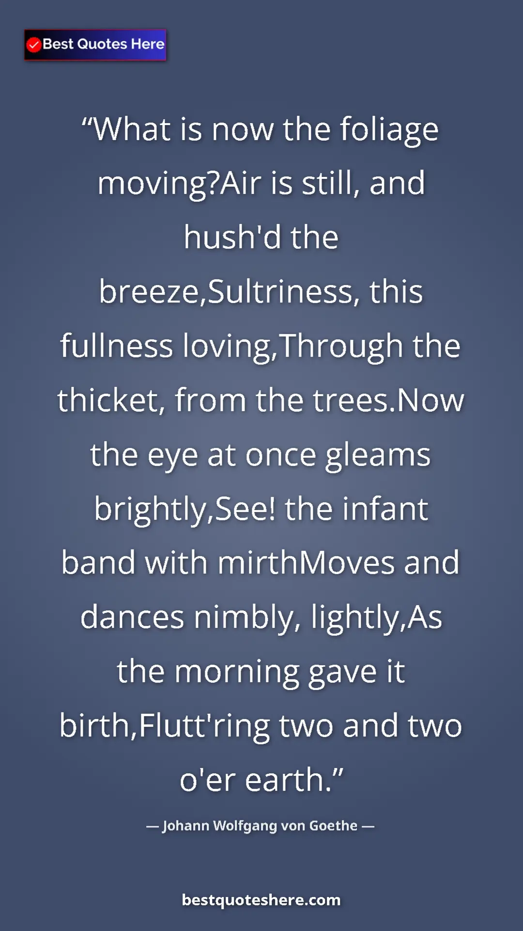 Johann Wolfgang von Goethe Quote Card: "What is now the foliage moving?Air is still, and hush'd the..." Pinterest quote poster by Johann Wolfgang von Goethe: "What is now the foliage moving?Air is still, and hush'd the..."
