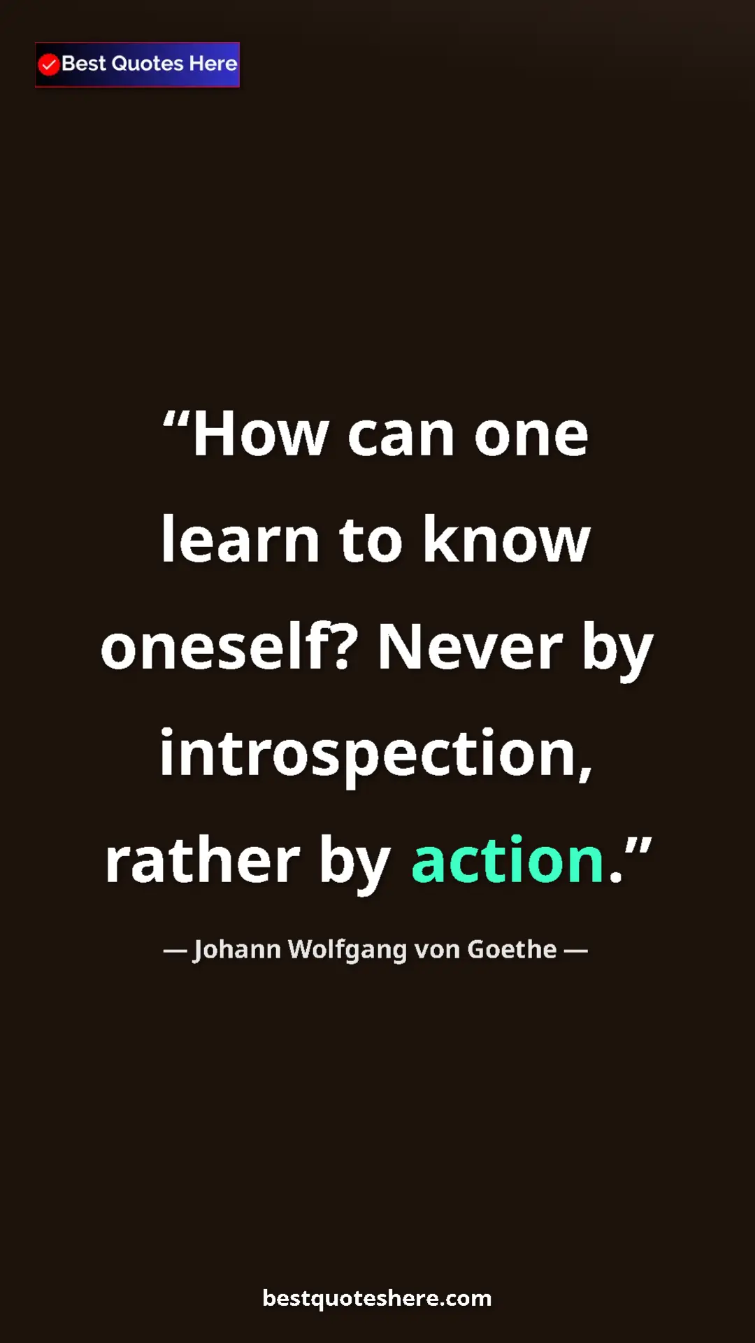 Pinterest quote poster by Johann Wolfgang von Goethe: "How can one learn to know oneself? Never by introspection,..."