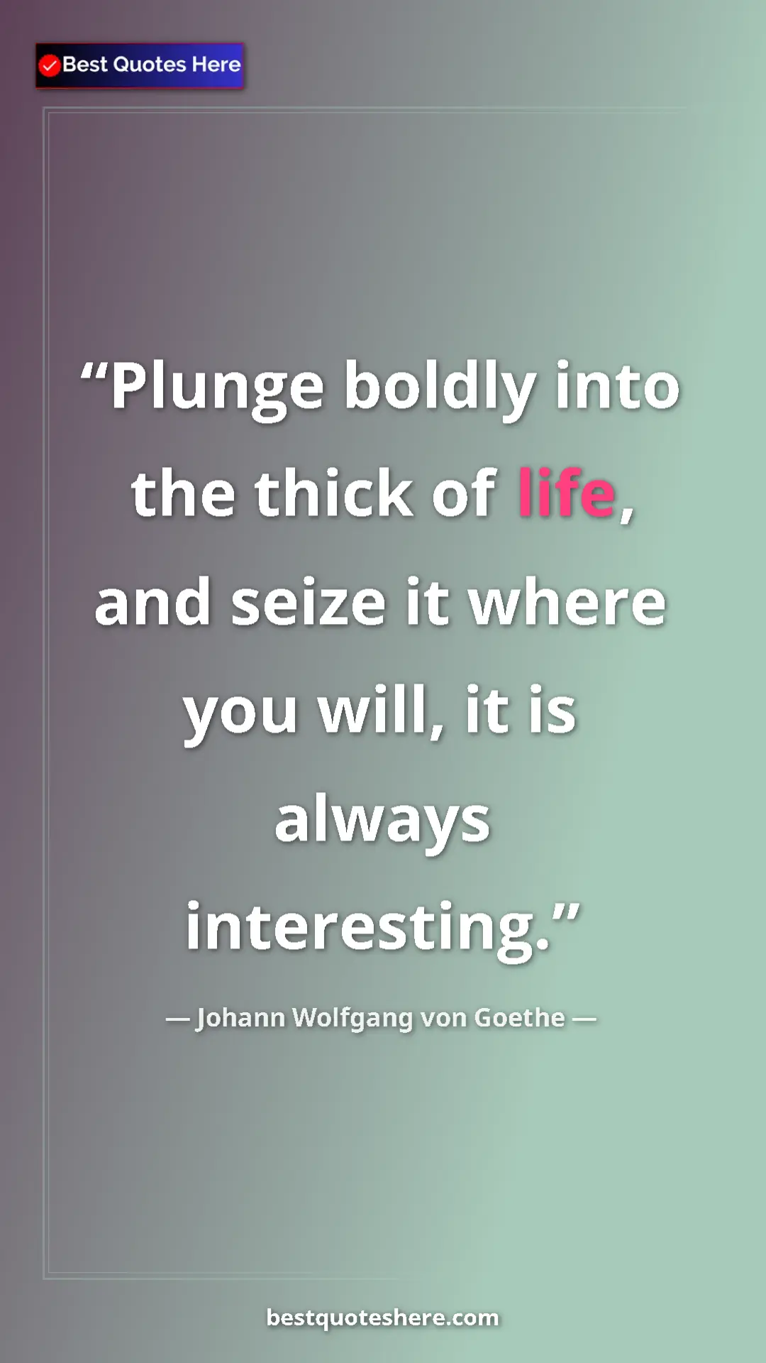 Pinterest quote poster by Johann Wolfgang von Goethe: "Plunge boldly into the thick of life, and seize it where..."