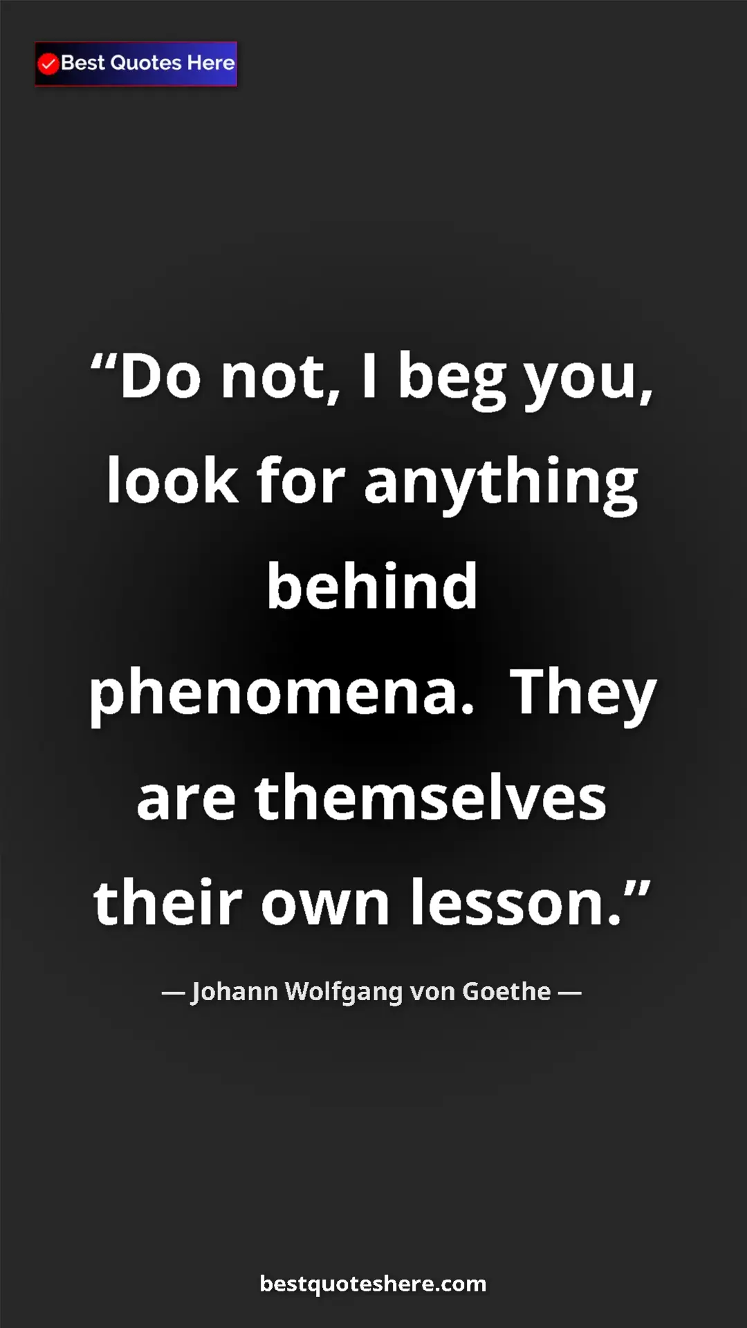 Pinterest quote poster by Johann Wolfgang von Goethe: "Do not, I beg you, look for anything behind phenomena...."