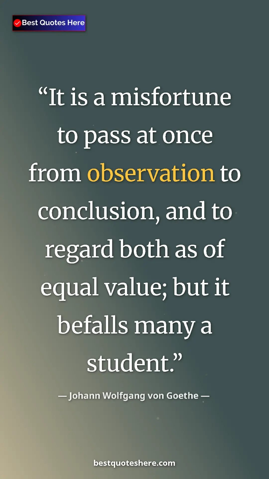Pinterest quote poster by Johann Wolfgang von Goethe: "It is a misfortune to pass at once from observation to..."