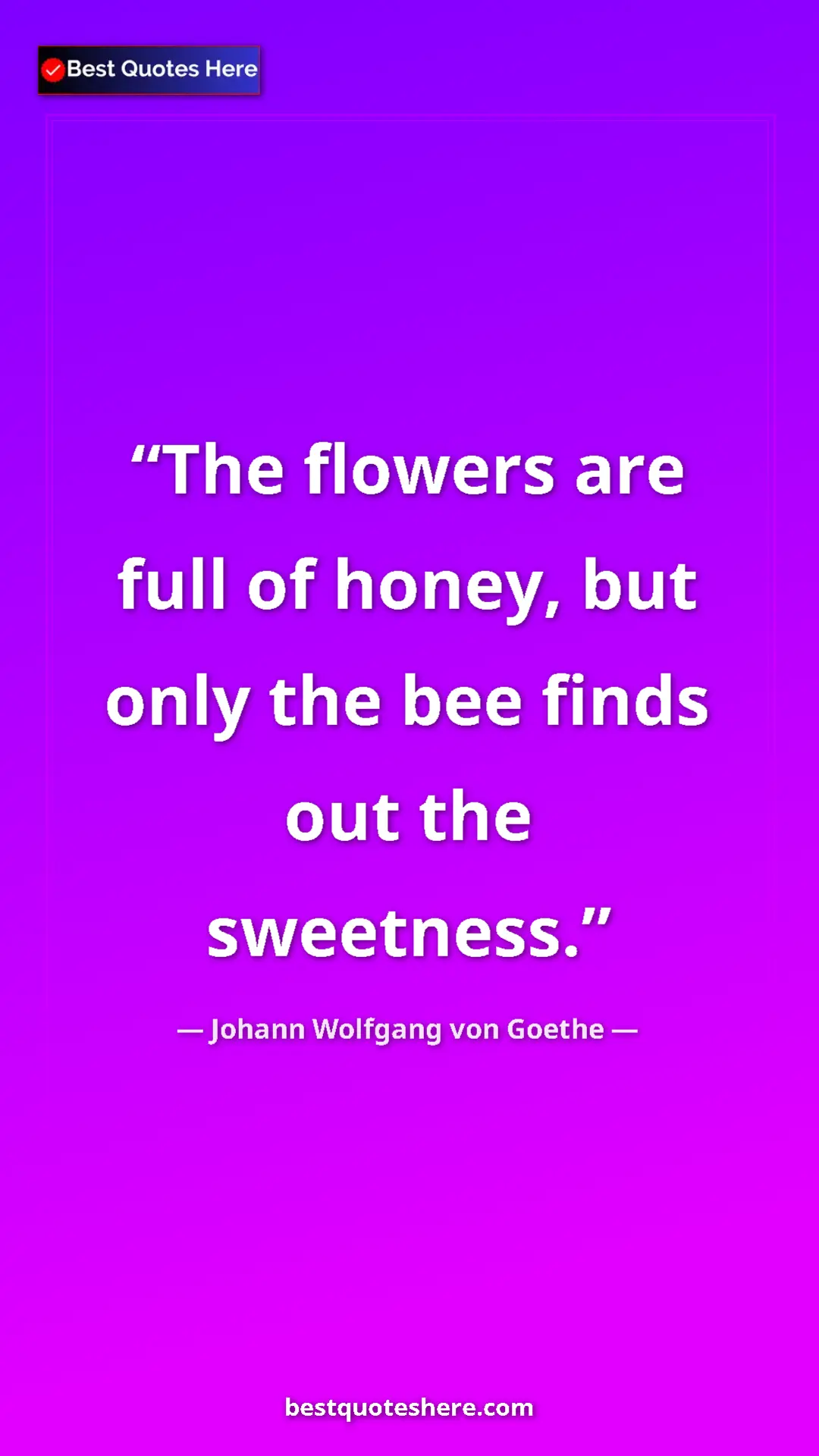 Pinterest quote poster by Johann Wolfgang von Goethe: "The flowers are full of honey, but only the bee finds out..."