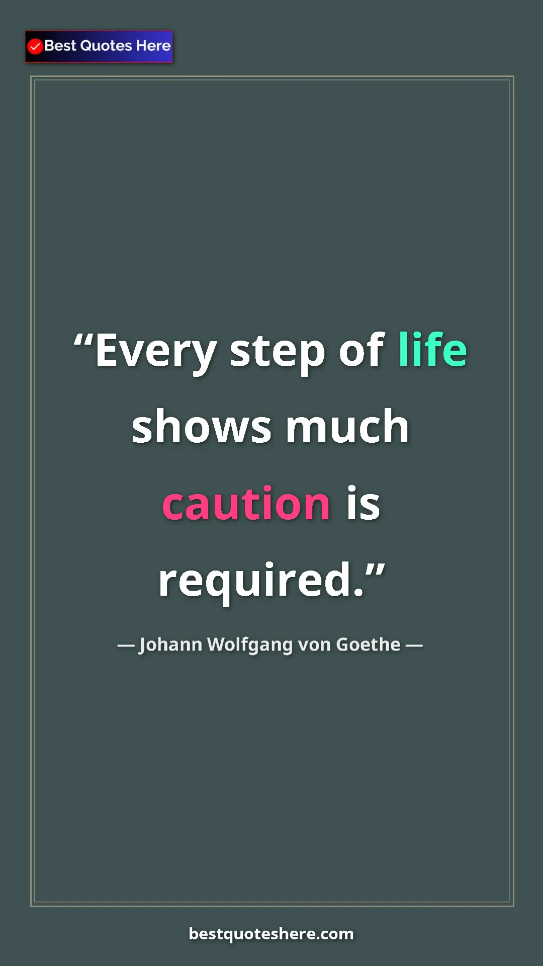 Pinterest quote poster by Johann Wolfgang von Goethe: "Every step of life shows much caution is required."
