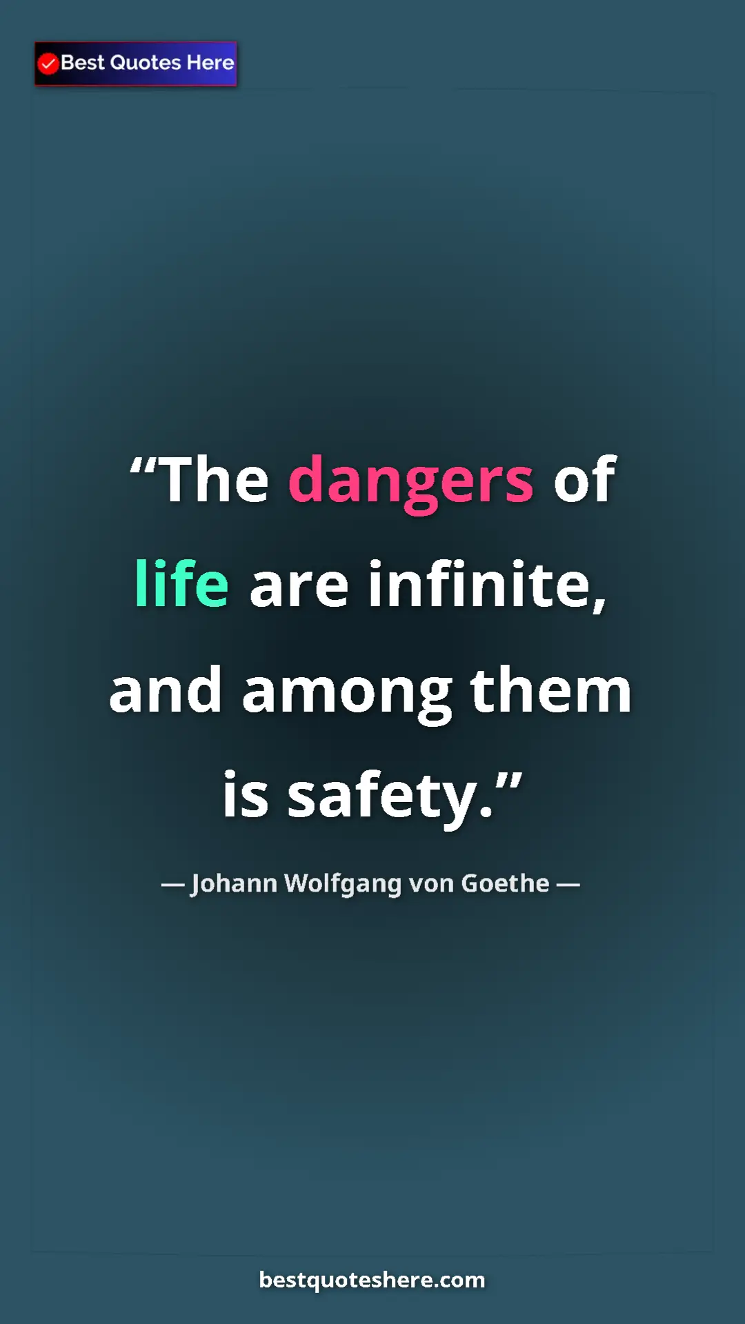 Pinterest quote poster by Johann Wolfgang von Goethe: "The dangers of life are infinite, and among them is safety."