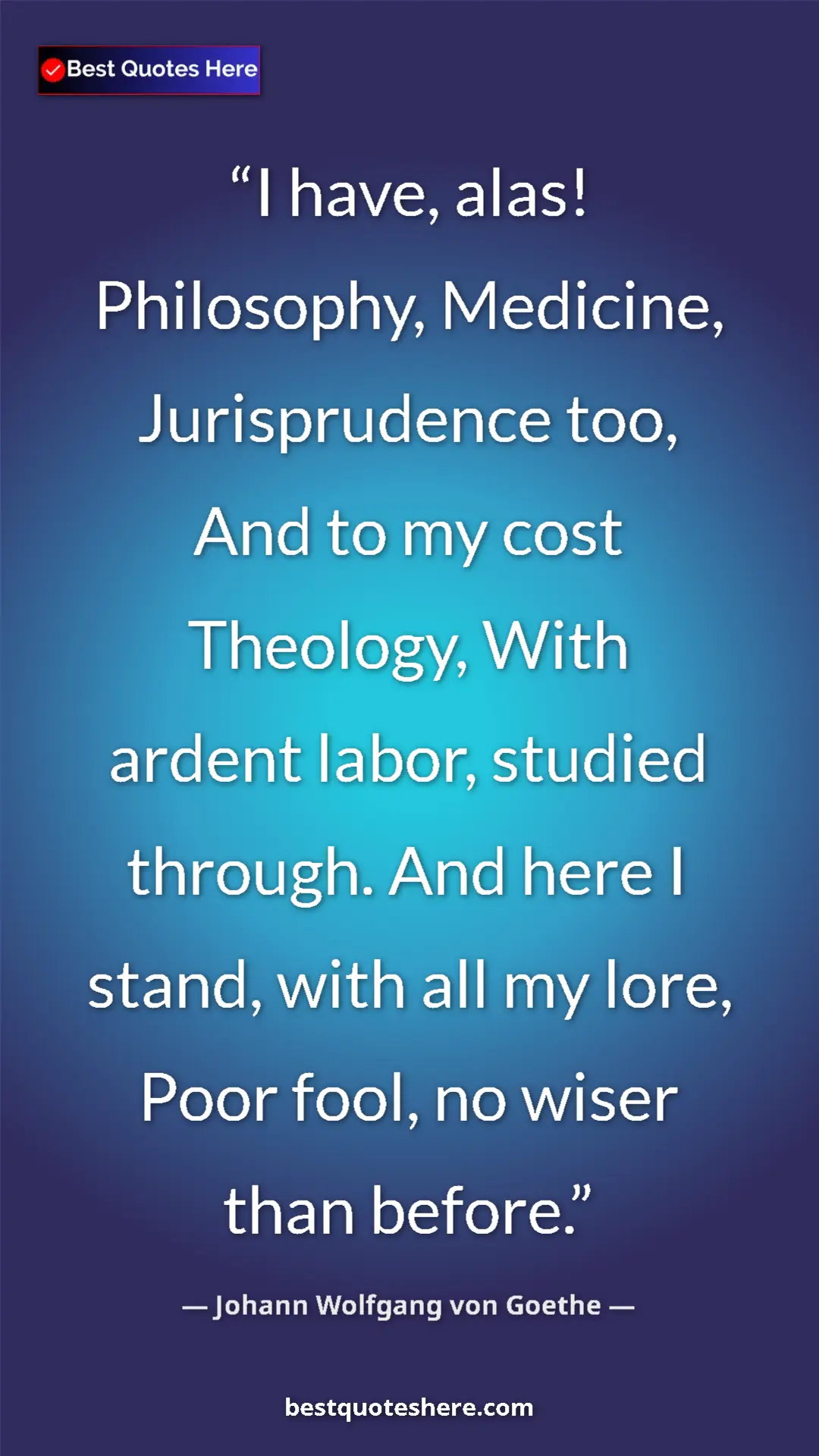 Pinterest quote poster by Johann Wolfgang von Goethe: "I have, alas! Philosophy, Medicine, Jurisprudence too, And..."