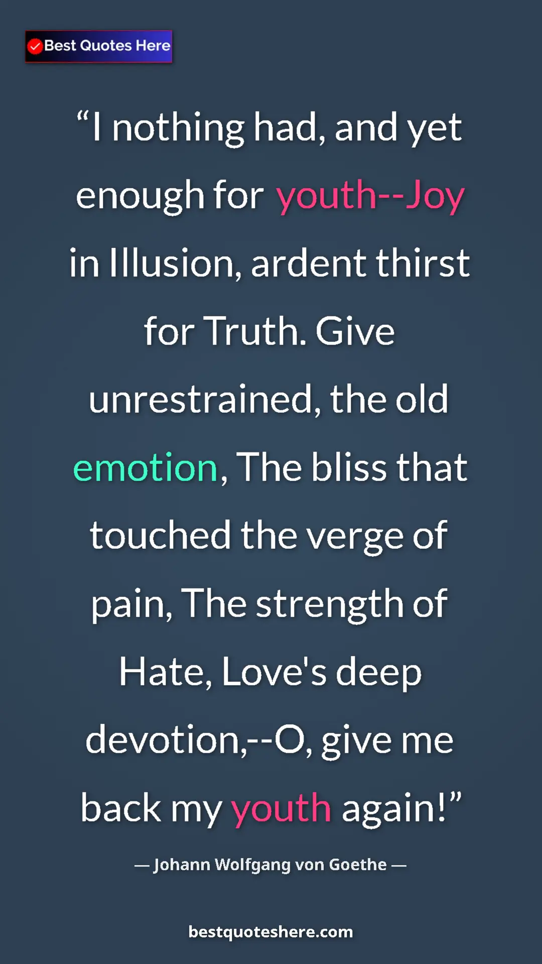 Pinterest quote poster by Johann Wolfgang von Goethe: "I nothing had, and yet enough for youth--Joy in Illusion,..."