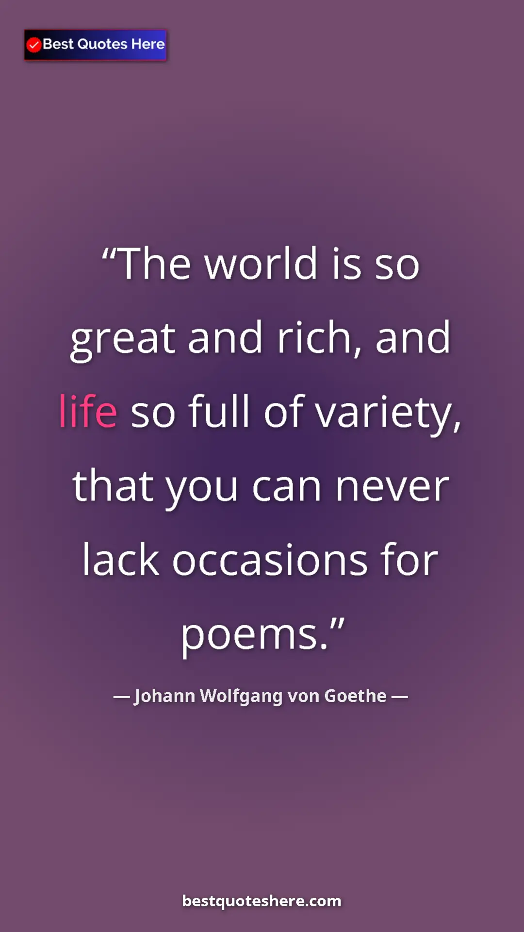 Pinterest quote poster by Johann Wolfgang von Goethe: "The world is so great and rich, and life so full of..."