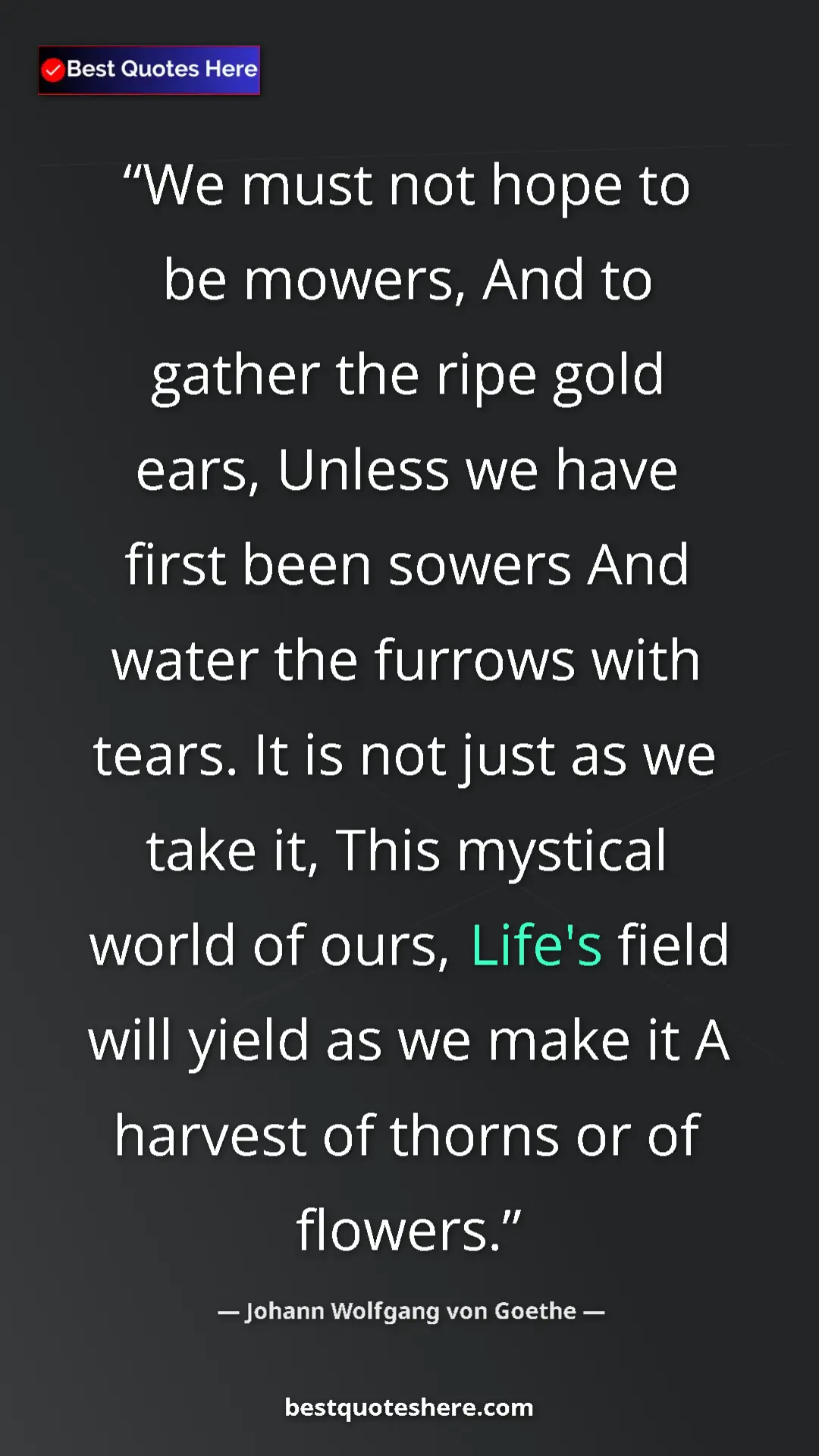 Pinterest quote poster by Johann Wolfgang von Goethe: "We must not hope to be mowers, And to gather the ripe gold..."