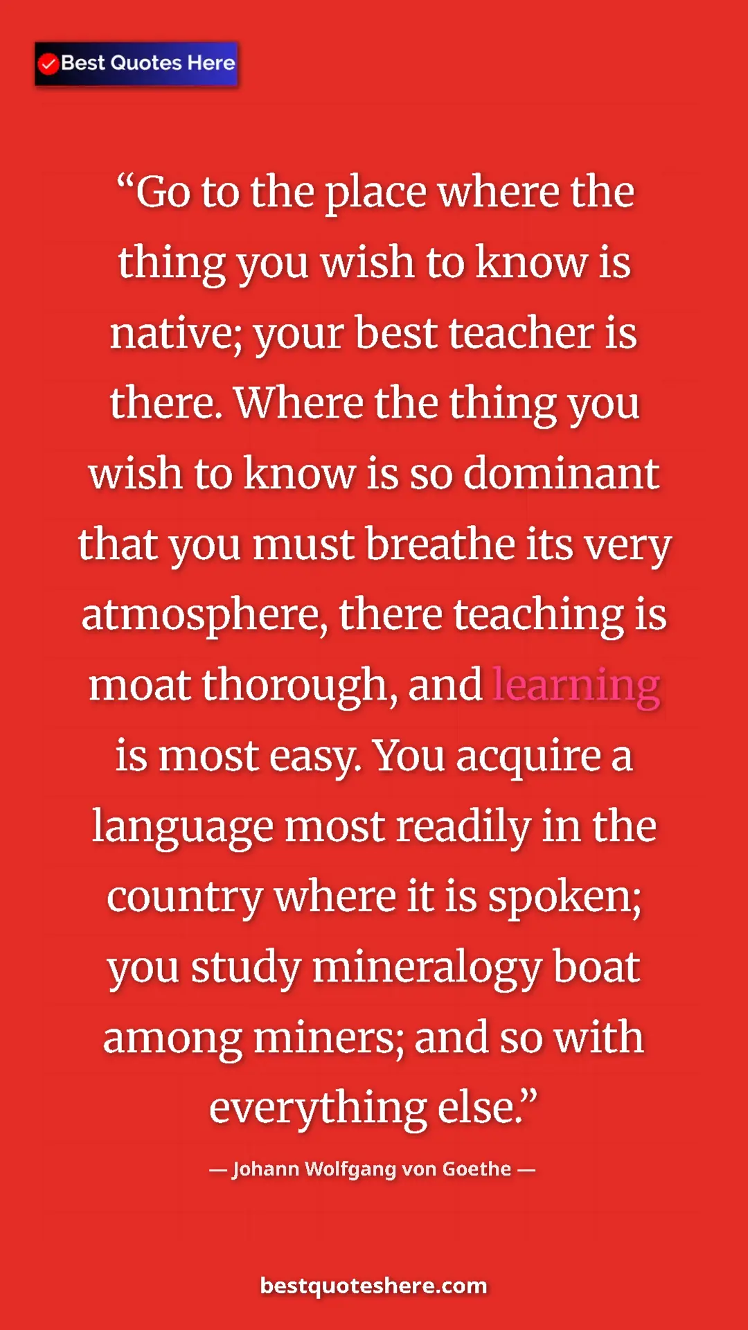Johann Wolfgang von Goethe Quote Card: "Go to the place where the thing you wish to know is native;..." Pinterest quote poster by Johann Wolfgang von Goethe: "Go to the place where the thing you wish to know is native;..."