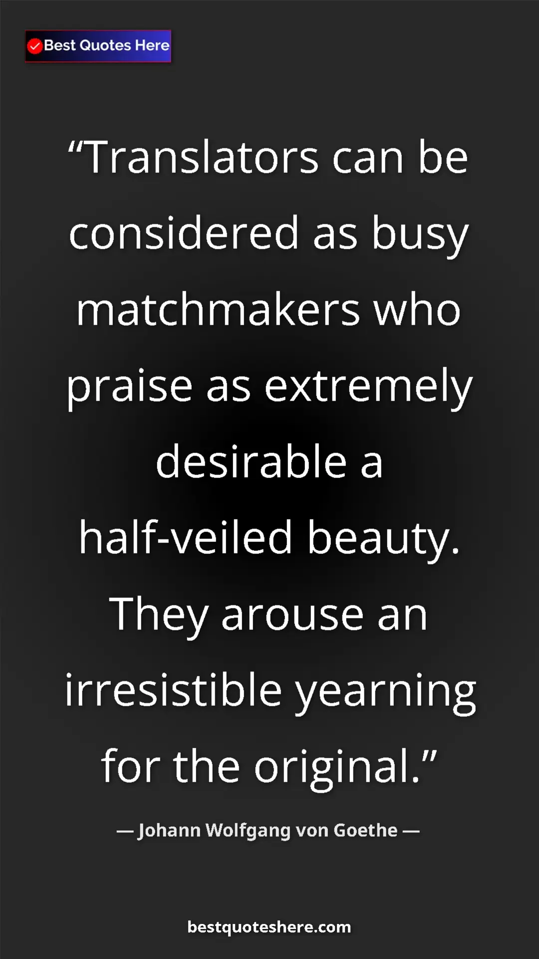 Pinterest quote poster by Johann Wolfgang von Goethe: "Translators can be considered as busy matchmakers who..."