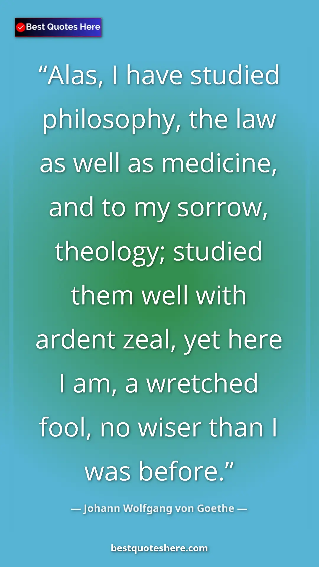 Pinterest quote poster by Johann Wolfgang von Goethe: "Alas, I have studied philosophy, the law as well as..."