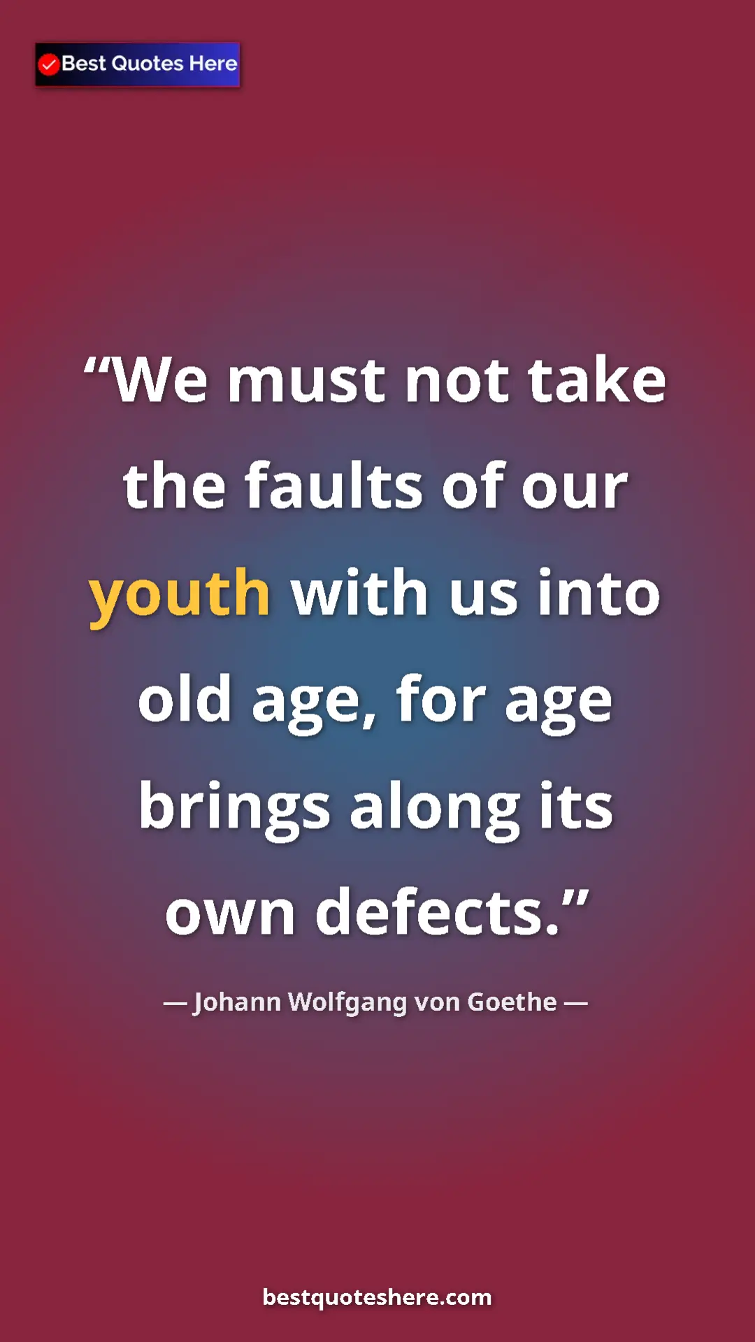 Pinterest quote poster by Johann Wolfgang von Goethe: "We must not take the faults of our youth with us into old..."