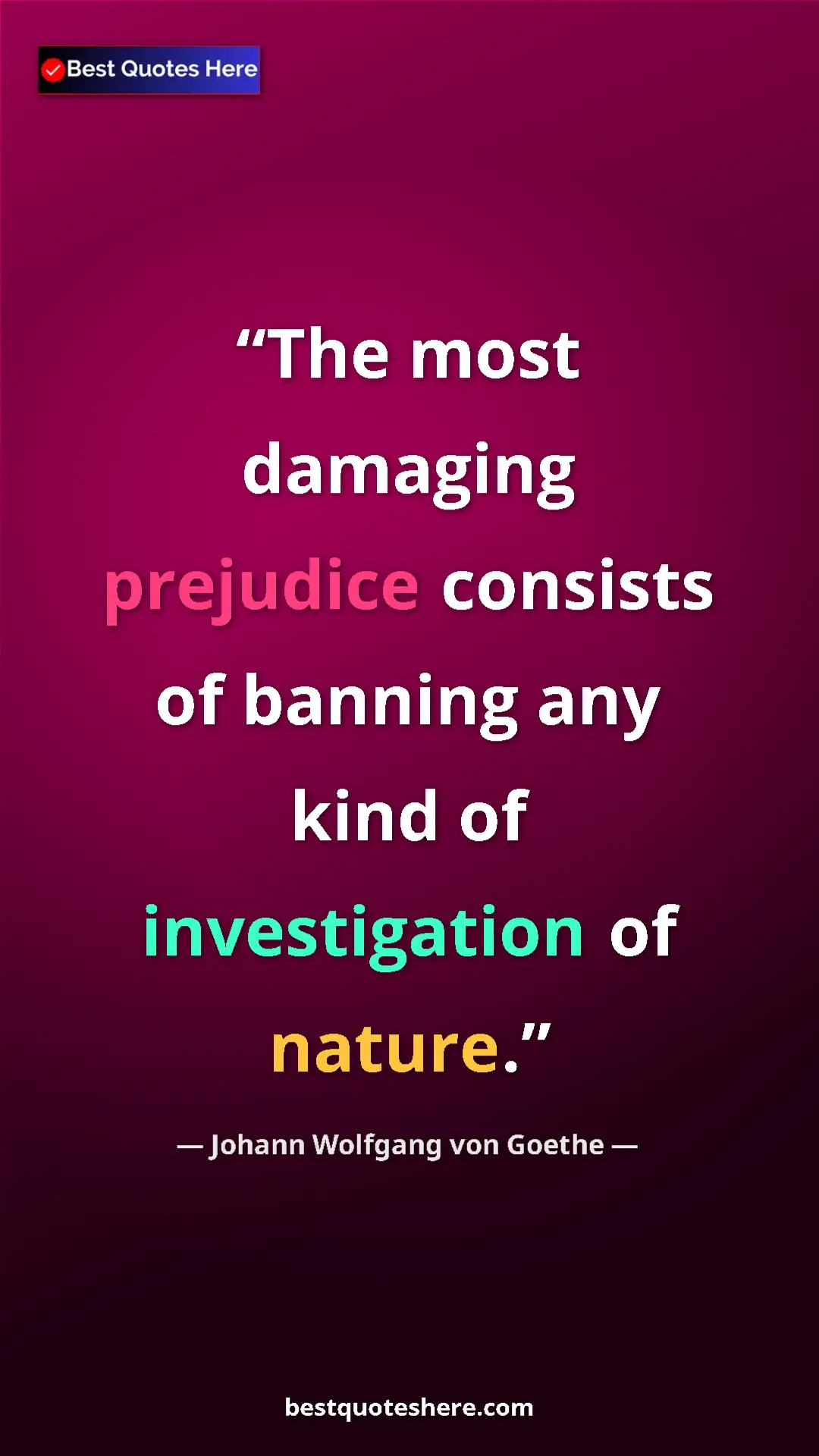 Pinterest quote poster by Johann Wolfgang von Goethe: "The most damaging prejudice consists of banning any kind of..."