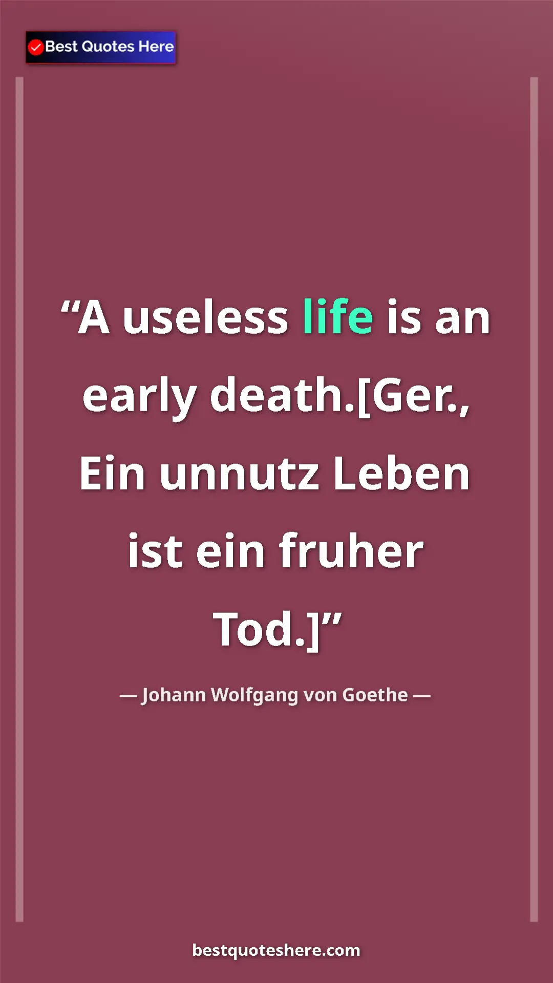 Pinterest quote poster by Johann Wolfgang von Goethe: "A useless life is an early death.[Ger., Ein unnutz Leben..."