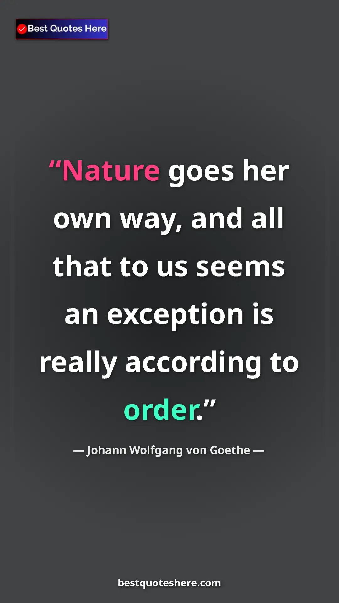 Pinterest quote poster by Johann Wolfgang von Goethe: "Nature goes her own way, and all that to us seems an..."