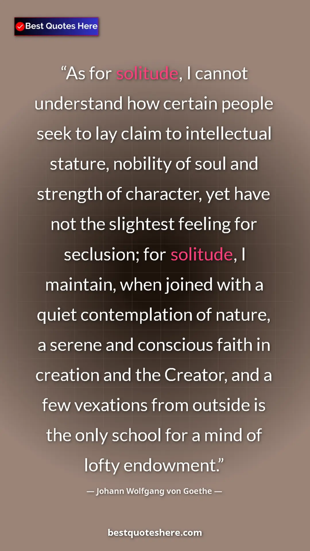Pinterest quote poster by Johann Wolfgang von Goethe: "As for solitude, I cannot understand how certain people..."