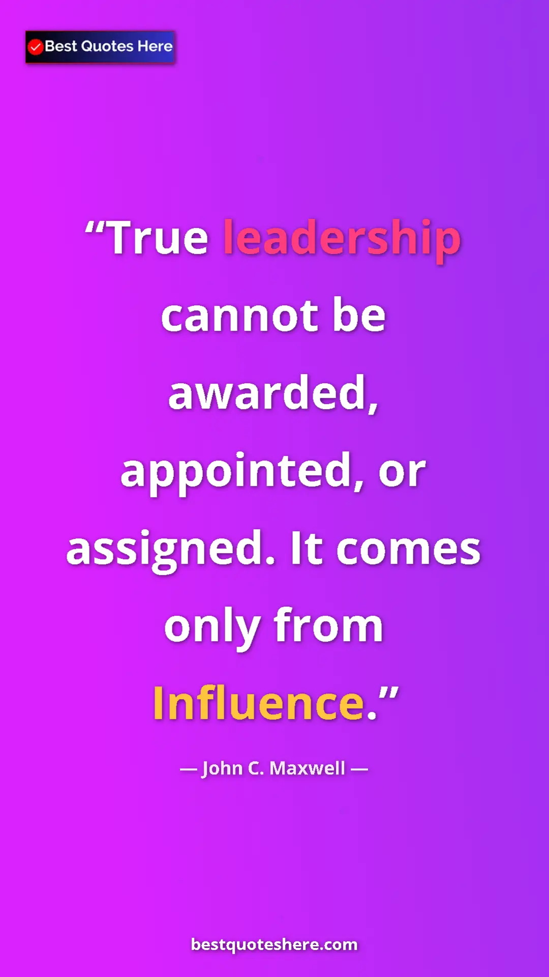 Pinterest quote poster by John C. Maxwell: "True leadership cannot be awarded, appointed, or assigned...."