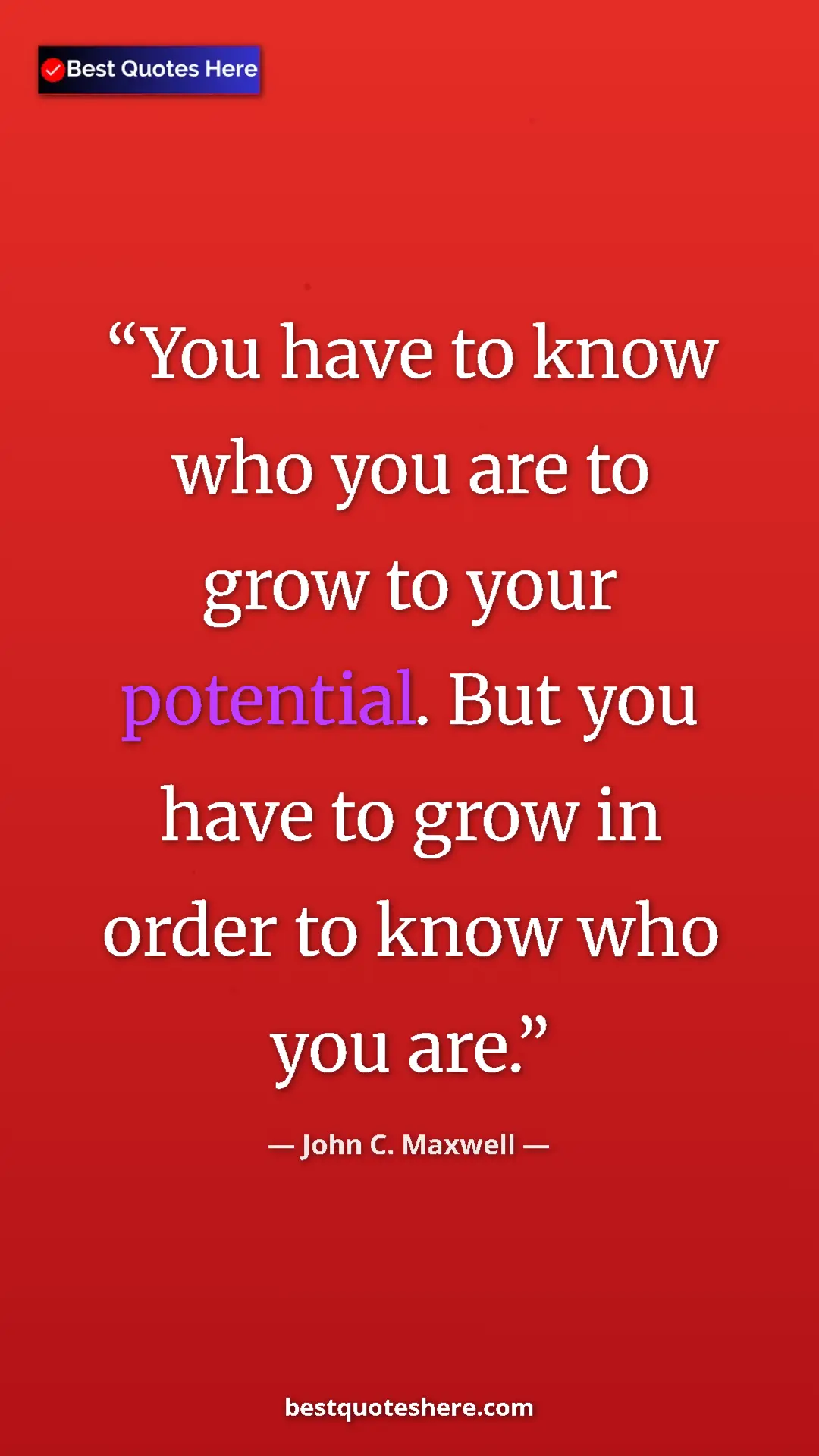 Pinterest quote poster by John C. Maxwell: "You have to know who you are to grow to your potential. But..."