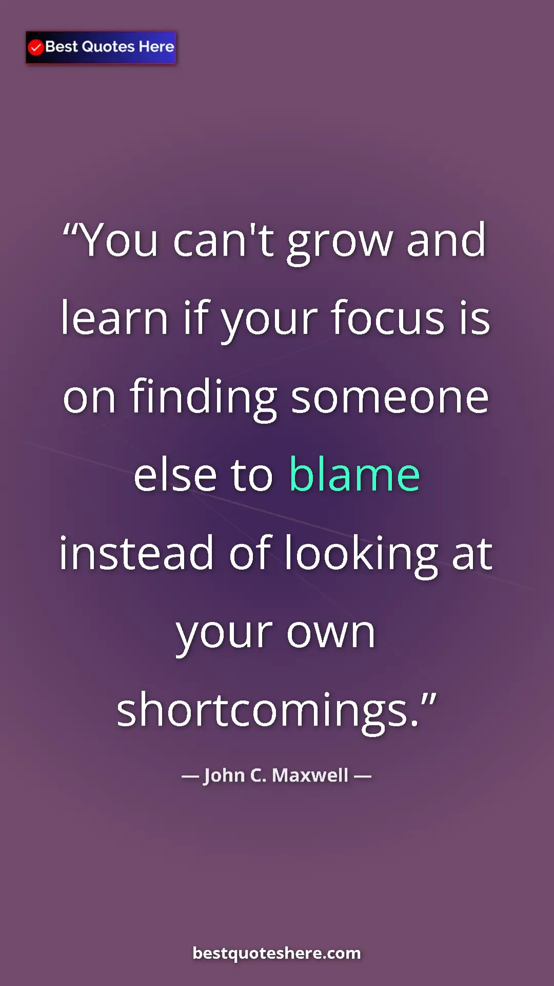 Pinterest quote poster by John C. Maxwell: "You can't grow and learn if your focus is on finding..."