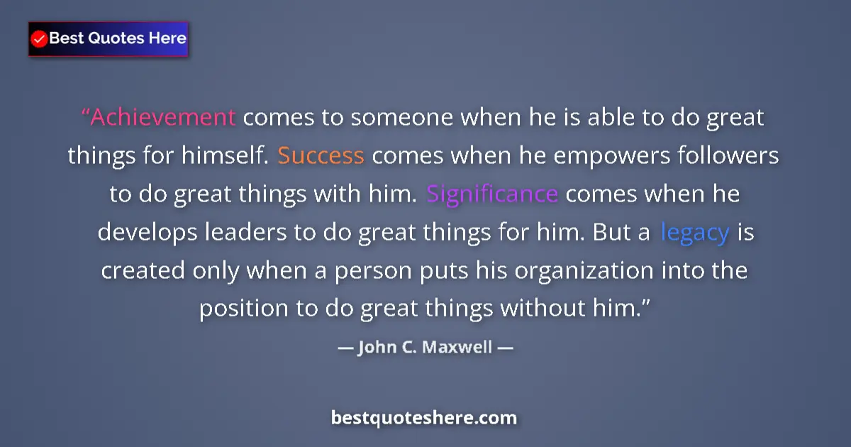 Quote by John C. Maxwell: Achievement comes to someone when he is able to do great things for himself. Success comes when he e...