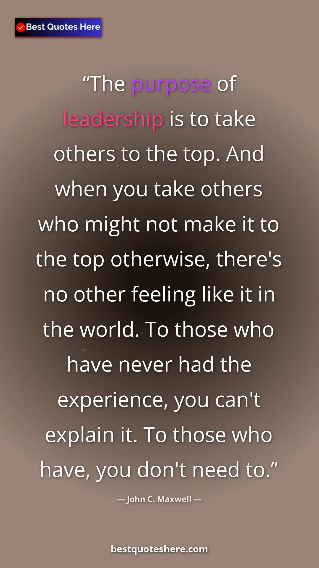 Pinterest quote poster by John C. Maxwell: "The purpose of leadership is to take others to the top. And..."