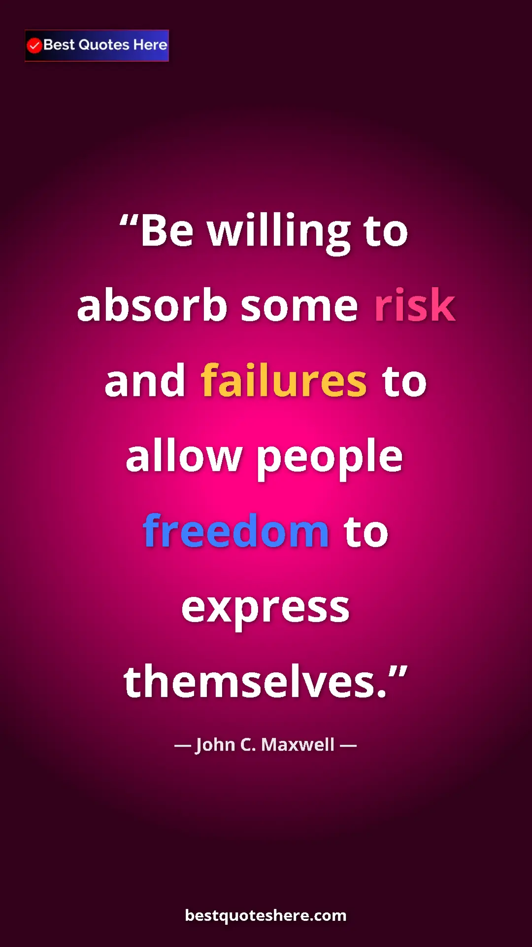 Pinterest quote poster by John C. Maxwell: "Be willing to absorb some risk and failures to allow people..."
