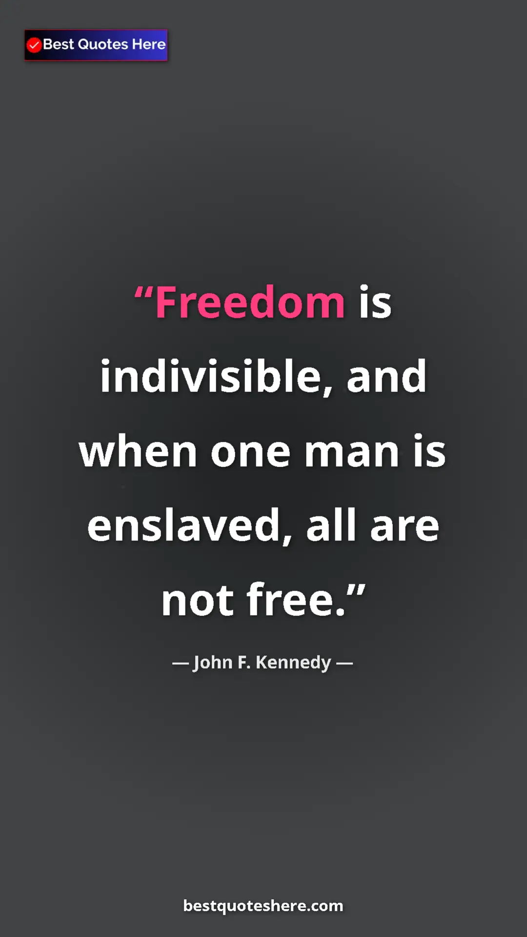 Pinterest quote poster by John F. Kennedy: "Freedom is indivisible, and when one man is enslaved, all..."