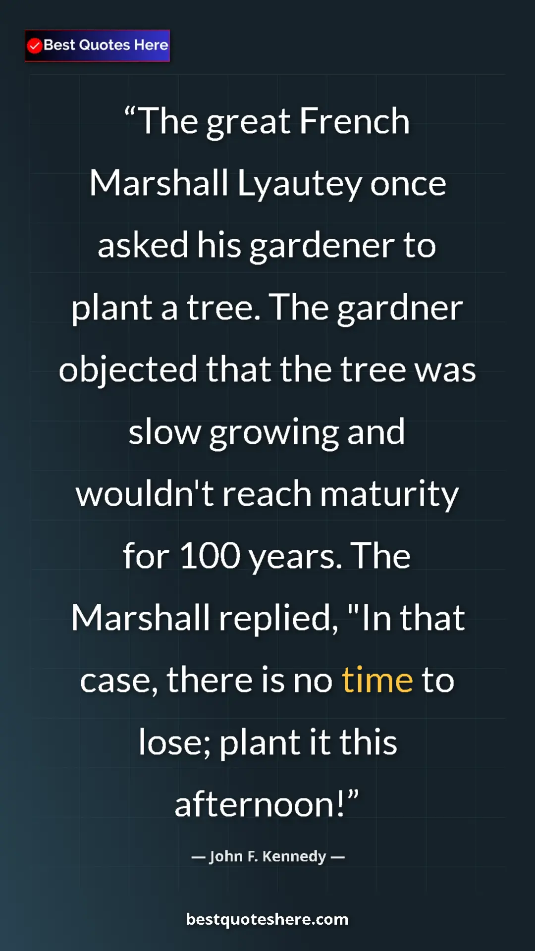 John F. Kennedy Quote Card: "The great French Marshall Lyautey once asked his gardener..." Pinterest quote poster by John F. Kennedy: "The great French Marshall Lyautey once asked his gardener..."