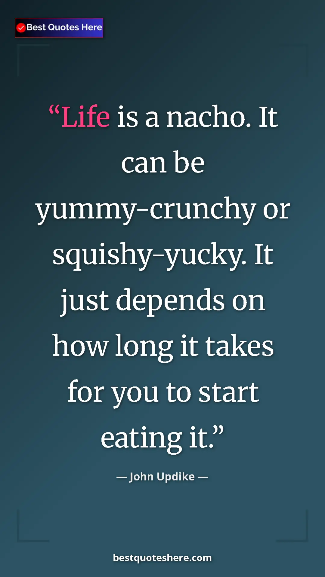 Pinterest quote poster by John Updike: "Life is a nacho. It can be yummy-crunchy or squishy-yucky...."