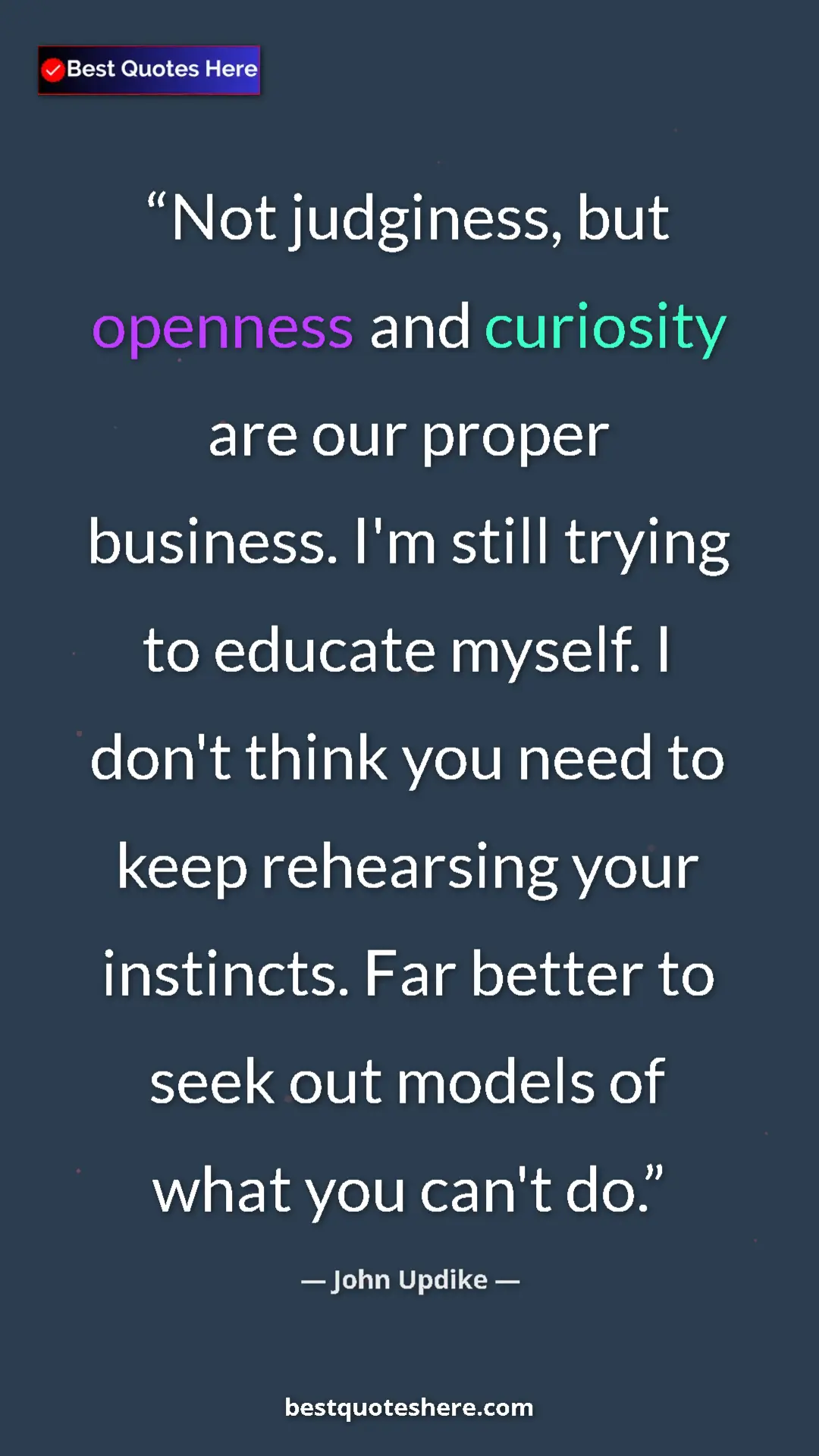 Pinterest quote poster by John Updike: "Not judginess, but openness and curiosity are our proper..."